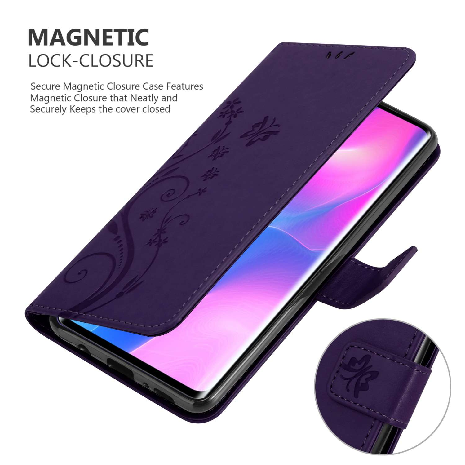 Custodia per telefono viola con chiusura magnetica. La custodia è aperta, mostrando lo schermo del telefono.