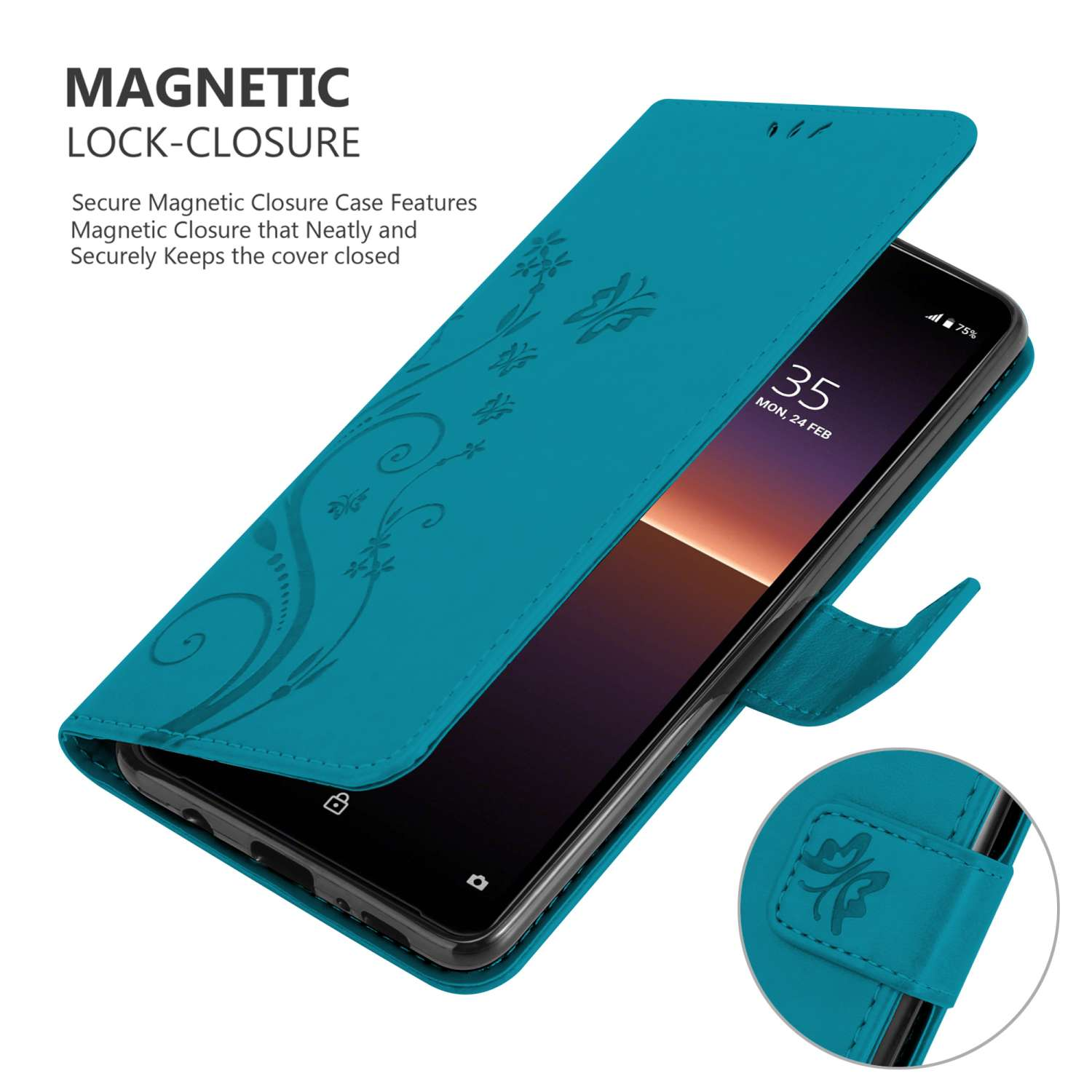 Custodia per telefono turchese aperta, che mostra lo schermo del telefono. Design floreale, ora visibile.
