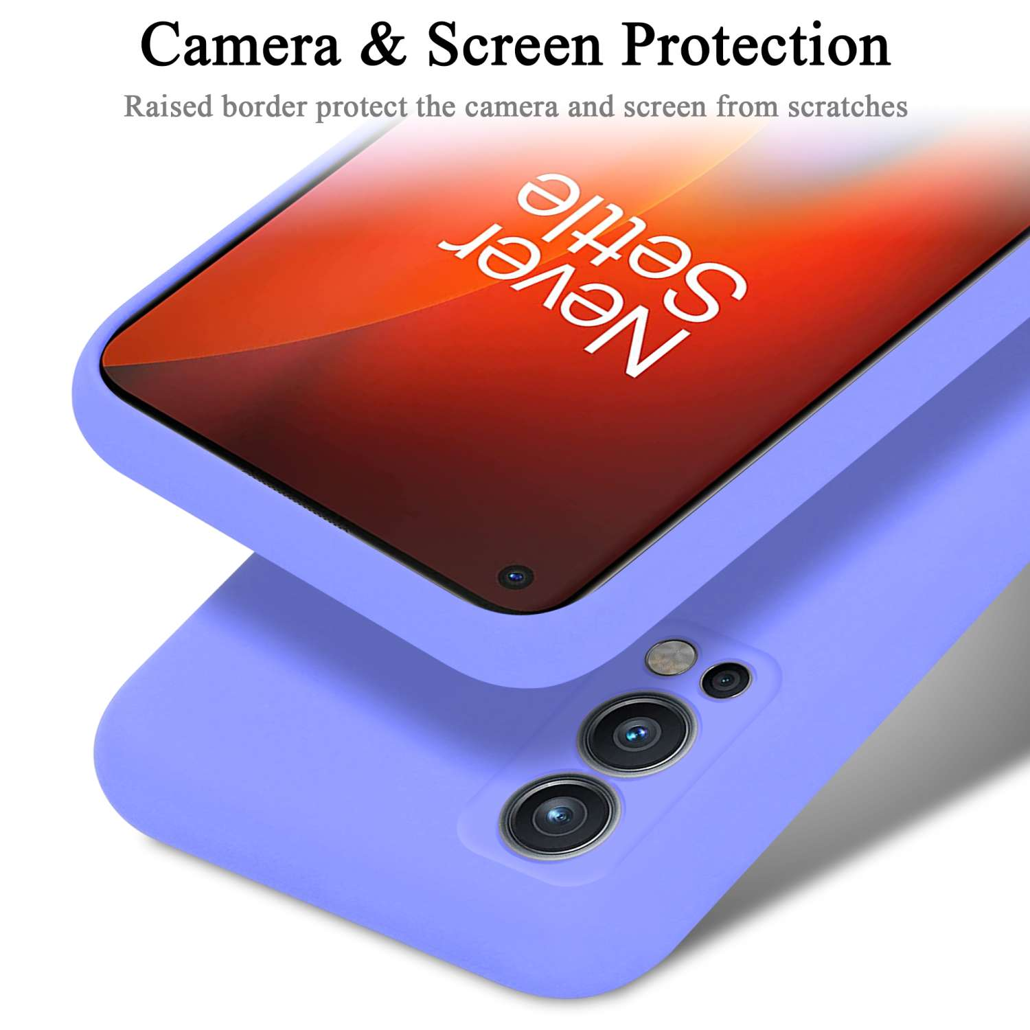 Custodia viola per telefono con telefono dentro. Il testo recita: Protezione fotocamera e schermo.