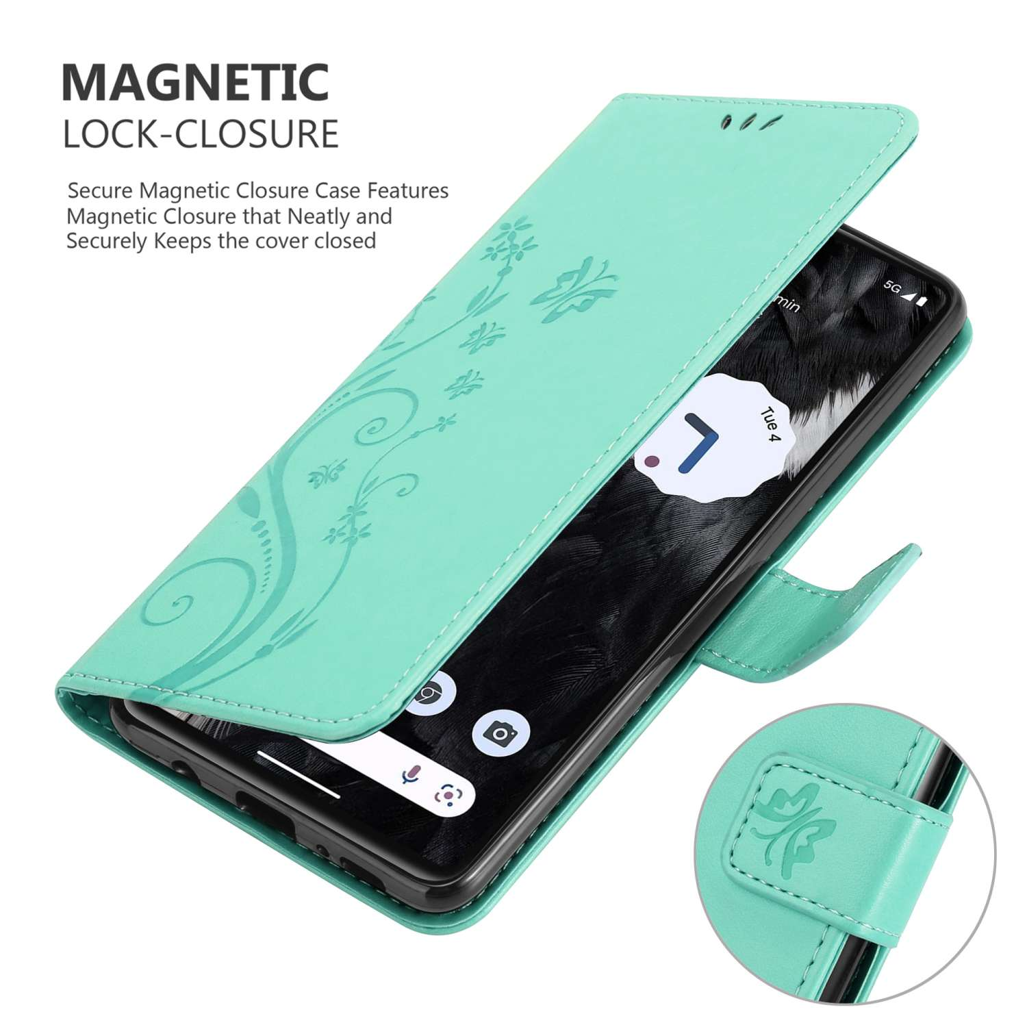 Una custodia per telefono verde acqua con un telefono all'interno. La custodia ha dettagli floreali e una chiusura magnetica.