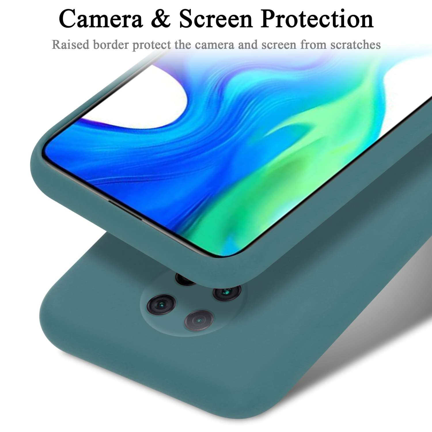 Funda de teléfono que protege la pantalla. La funda es azul-verde con cámaras duales.