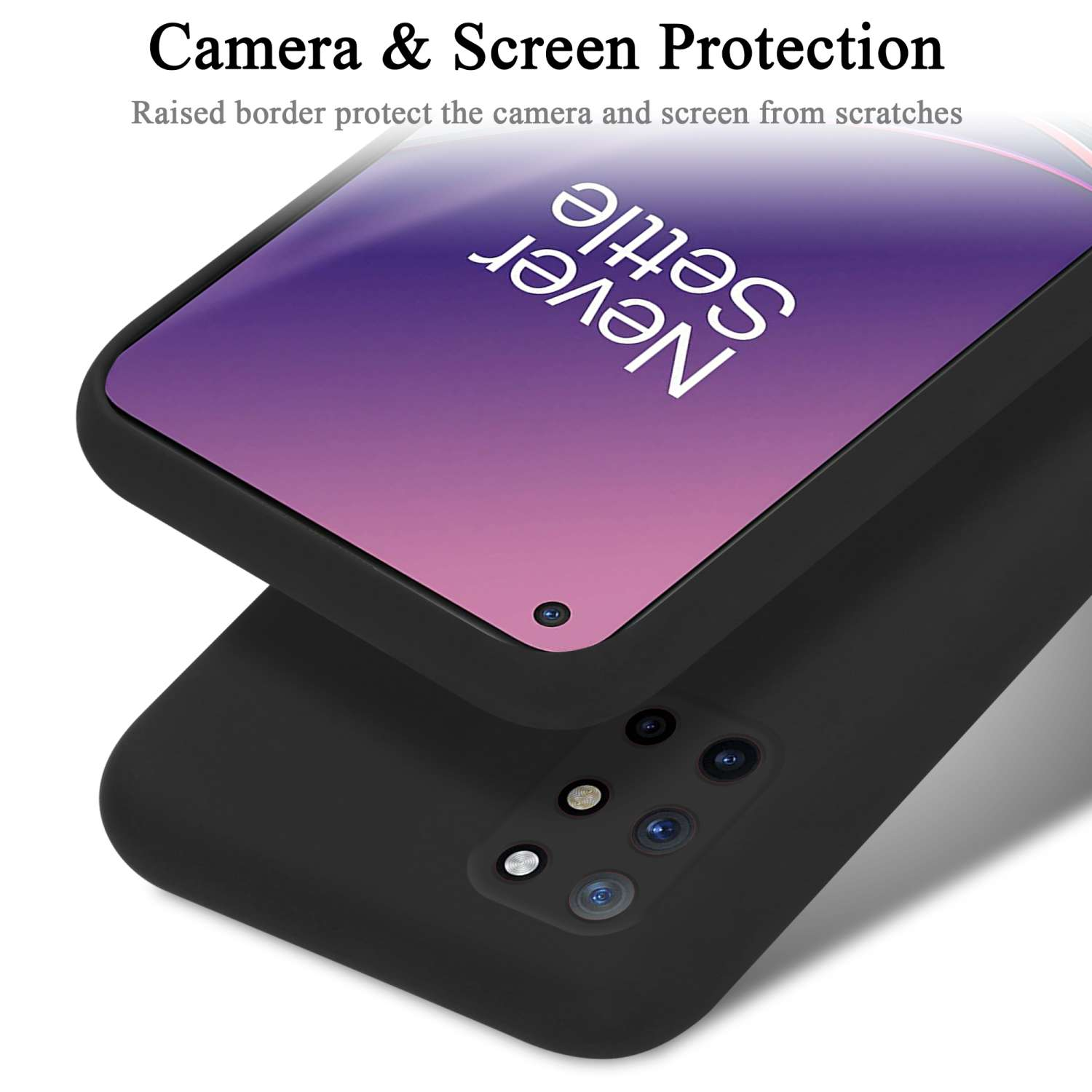Una custodia per telefono nera è sopra un'altra. La custodia superiore protegge lo schermo e la fotocamera.