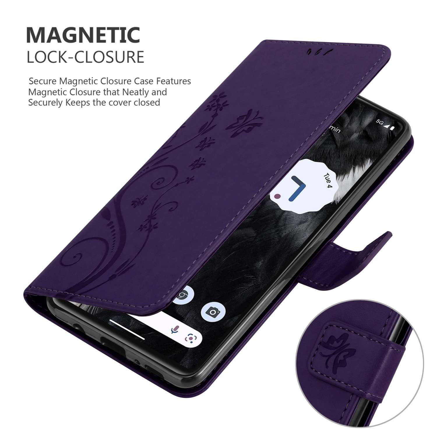 Custodia per telefono viola con design floreale e telefono, chiusura magnetica.
