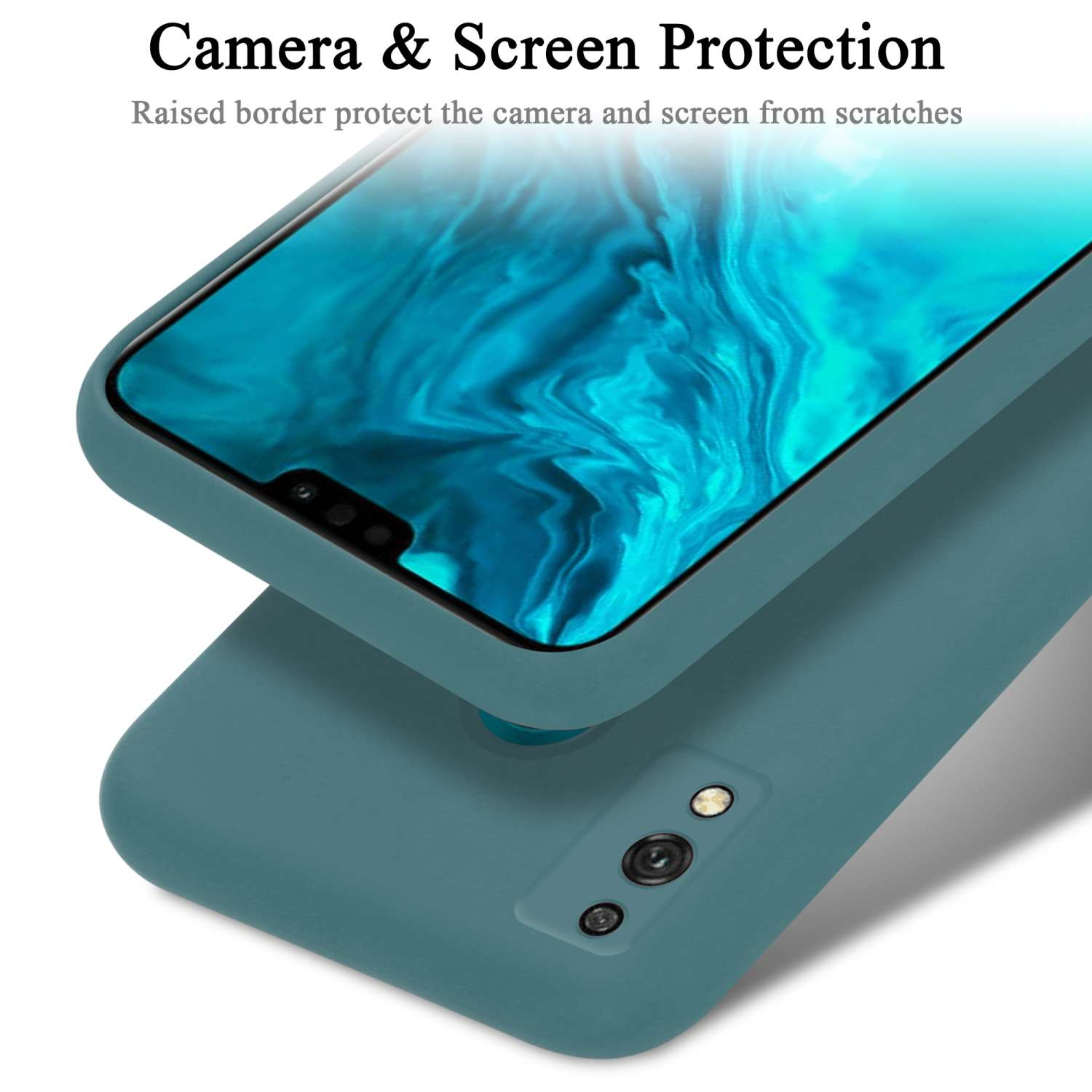 Eine teal-farbene Handyhülle und ein Telefon. Das Telefon hat einen Bildschirm mit blauem und grünem Farbverlauf.