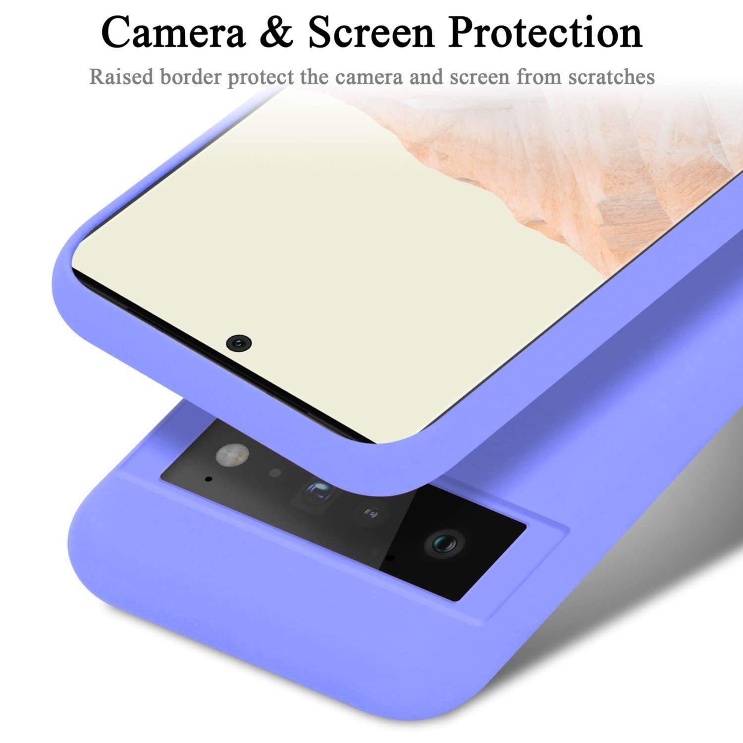 Una custodia per telefono con un telefono all'interno, concetto di protezione della fotocamera e dello schermo.
