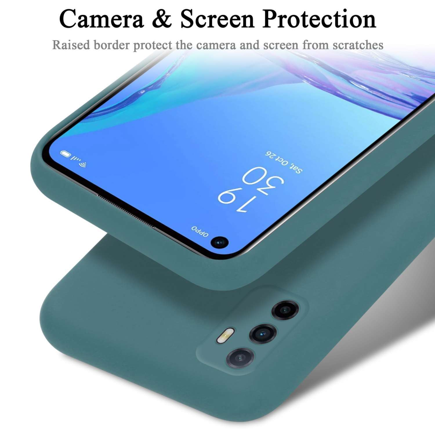 Custodia per telefono verde acqua con telefono, lo schermo del telefono è blu. La custodia copre la fotocamera, primo piano.