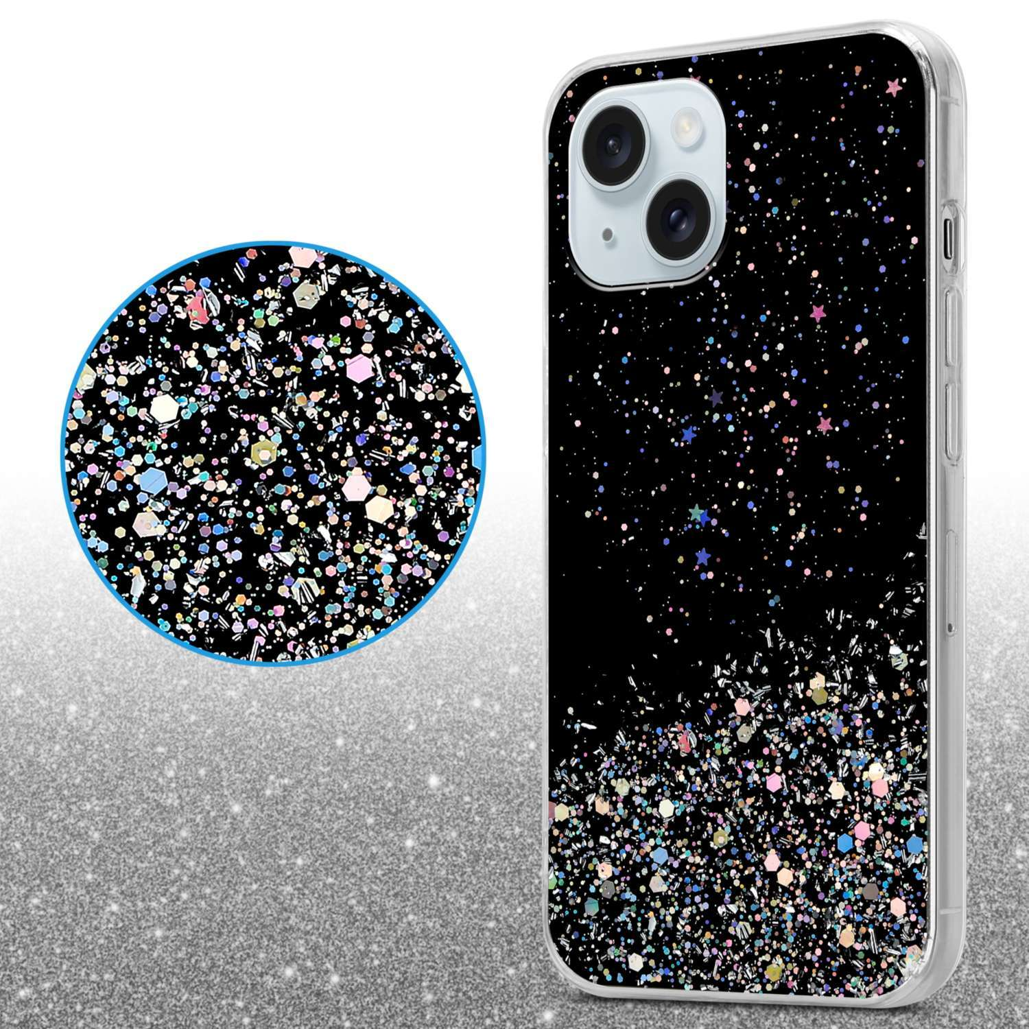 Funda de teléfono con purpurina con un teléfono dentro, mostrando un primer plano de la purpurina.
