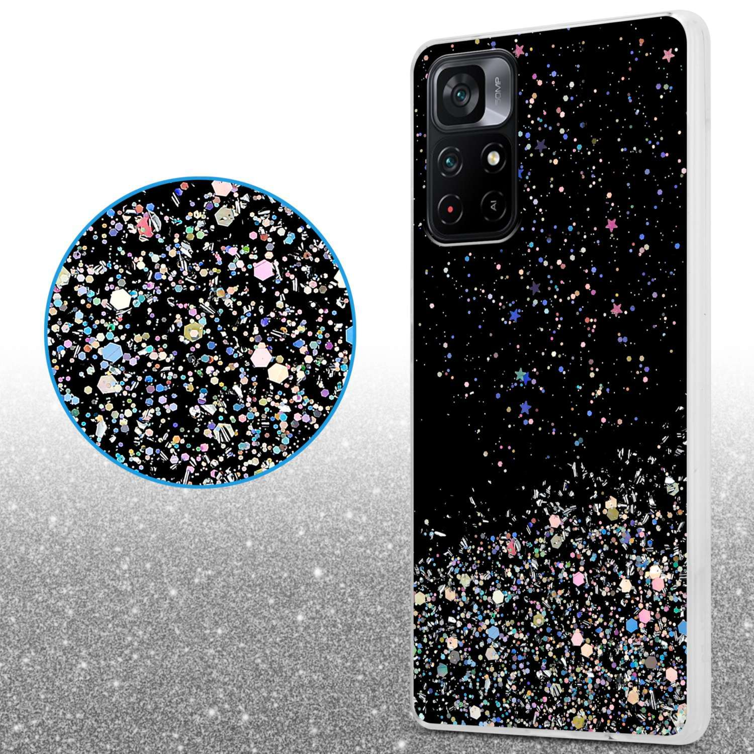 Custodia per telefono con design glitterato. Sfondo nero, brillantini colorati. Inserto circolare, telefono a destra.