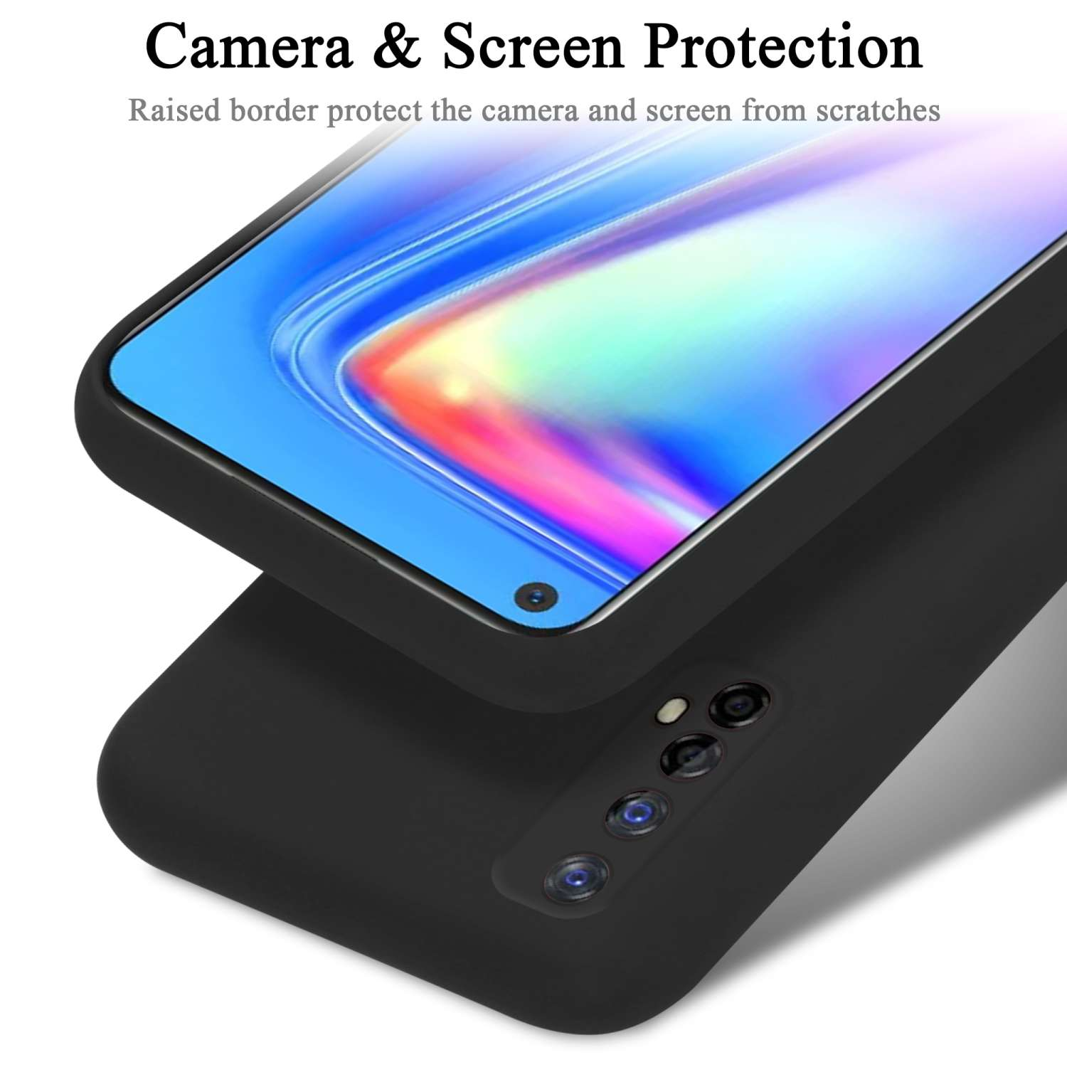 Custodia per telefono nera, due custodie impilate. Testo: Protezione fotocamera e schermo. Il bordo rialzato protegge fotocamera e schermo.