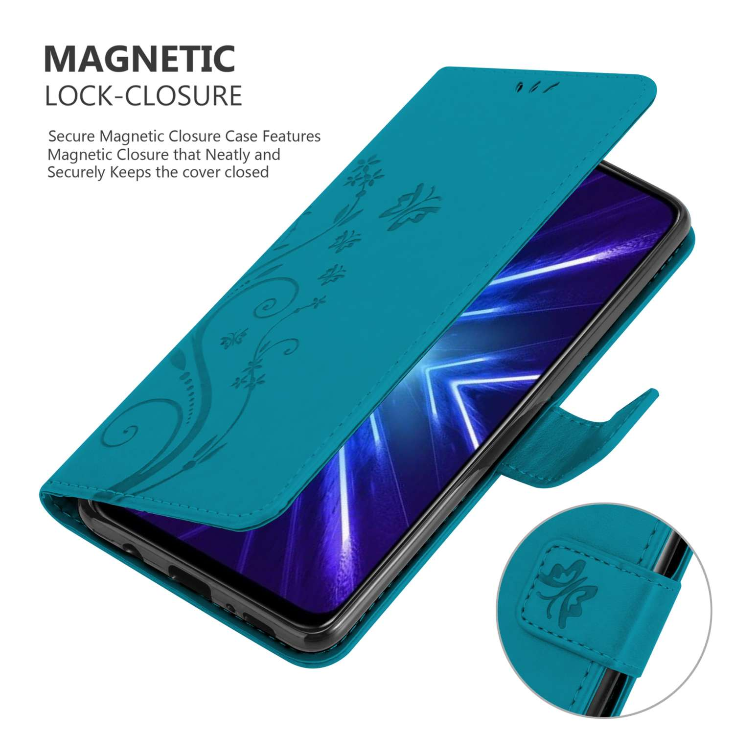 Custodia per telefono verde acqua, aperta. L'interno mostra uno schermo del telefono con un design blu e viola.