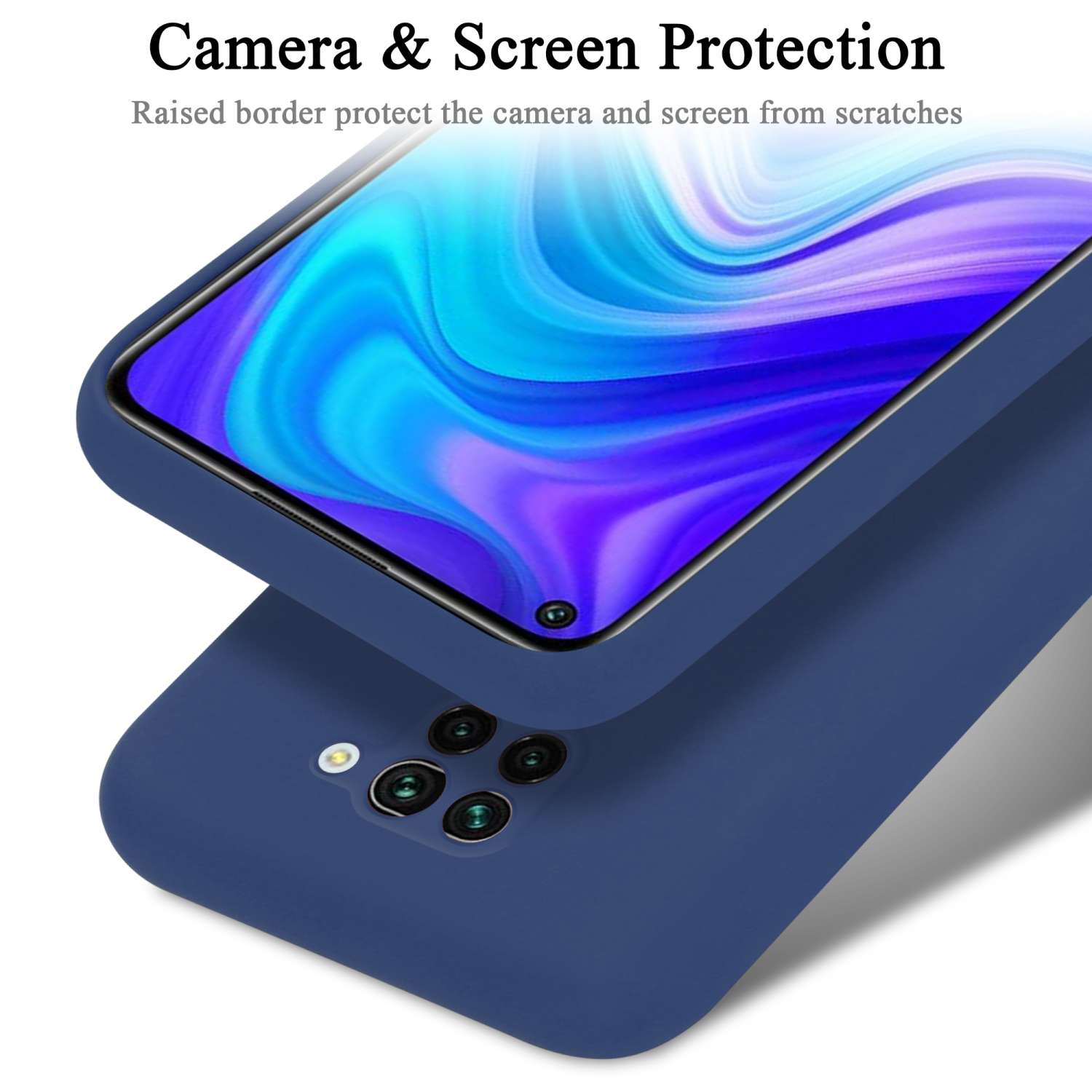 Custodia blu per telefono con il telefono dentro. La custodia ha ritagli per fotocamera e porte.