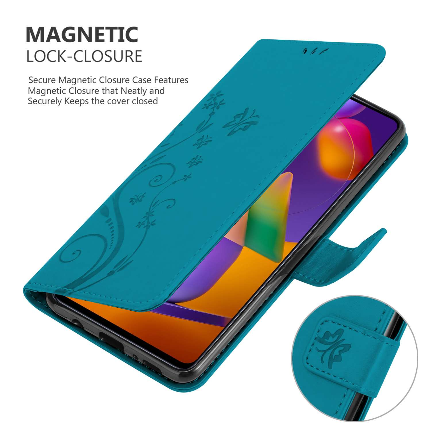 Custodia turchese aperta, mostra lo schermo del telefono. Chiusura magnetica con design floreale.