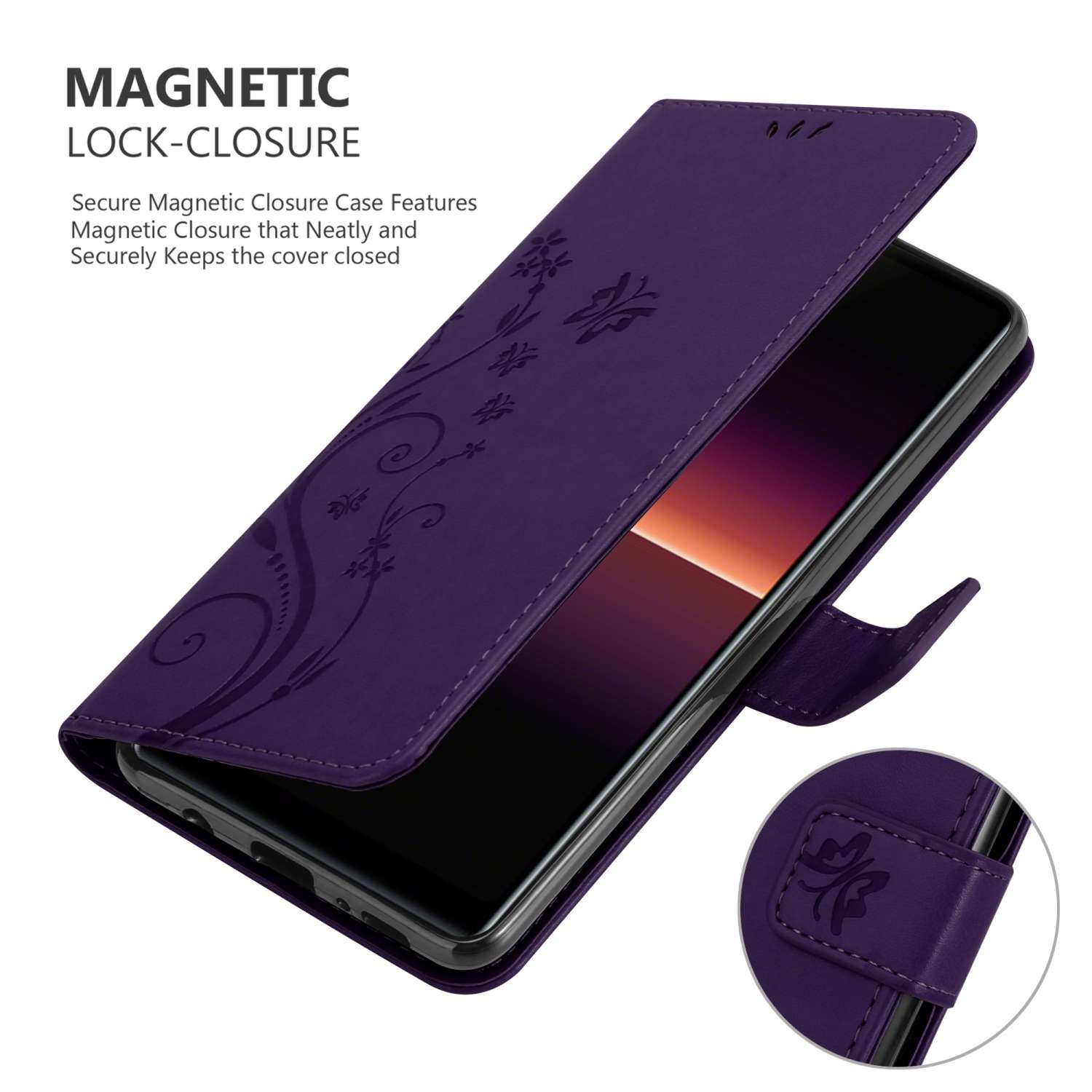 Una custodia per telefono viola in stile libro. Ha un design floreale sul davanti e una chiusura magnetica.