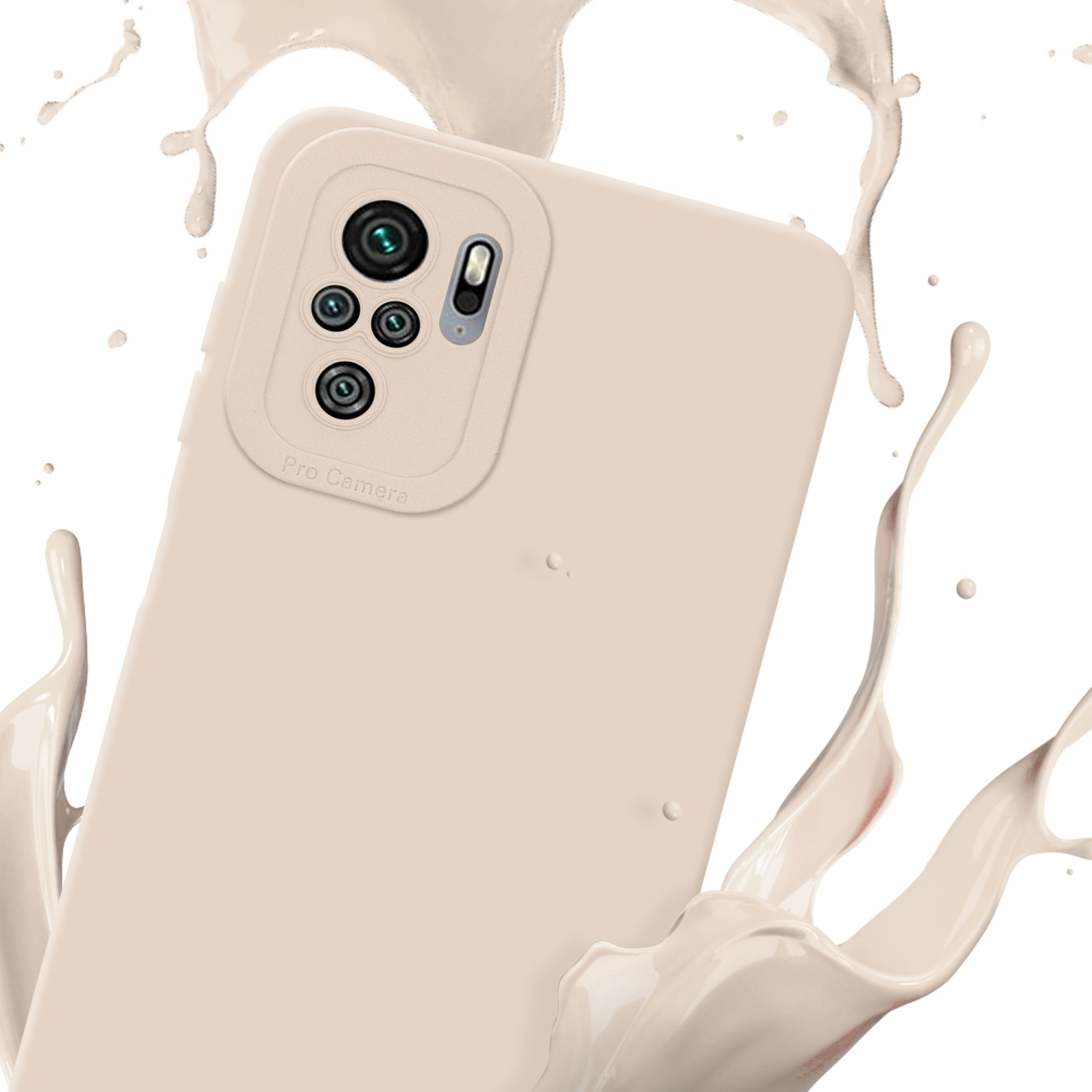 Custodia per telefono beige con schizzi di liquido. Ha ritagli per la fotocamera.