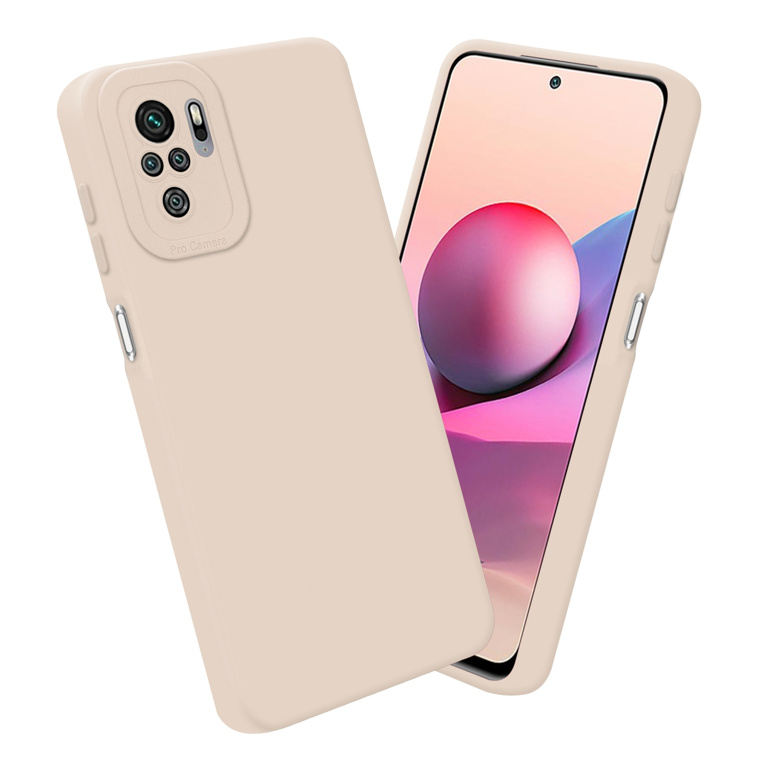 Due custodie beige per telefono, una con telefono, l'altra vuota. Sfondo bianco.