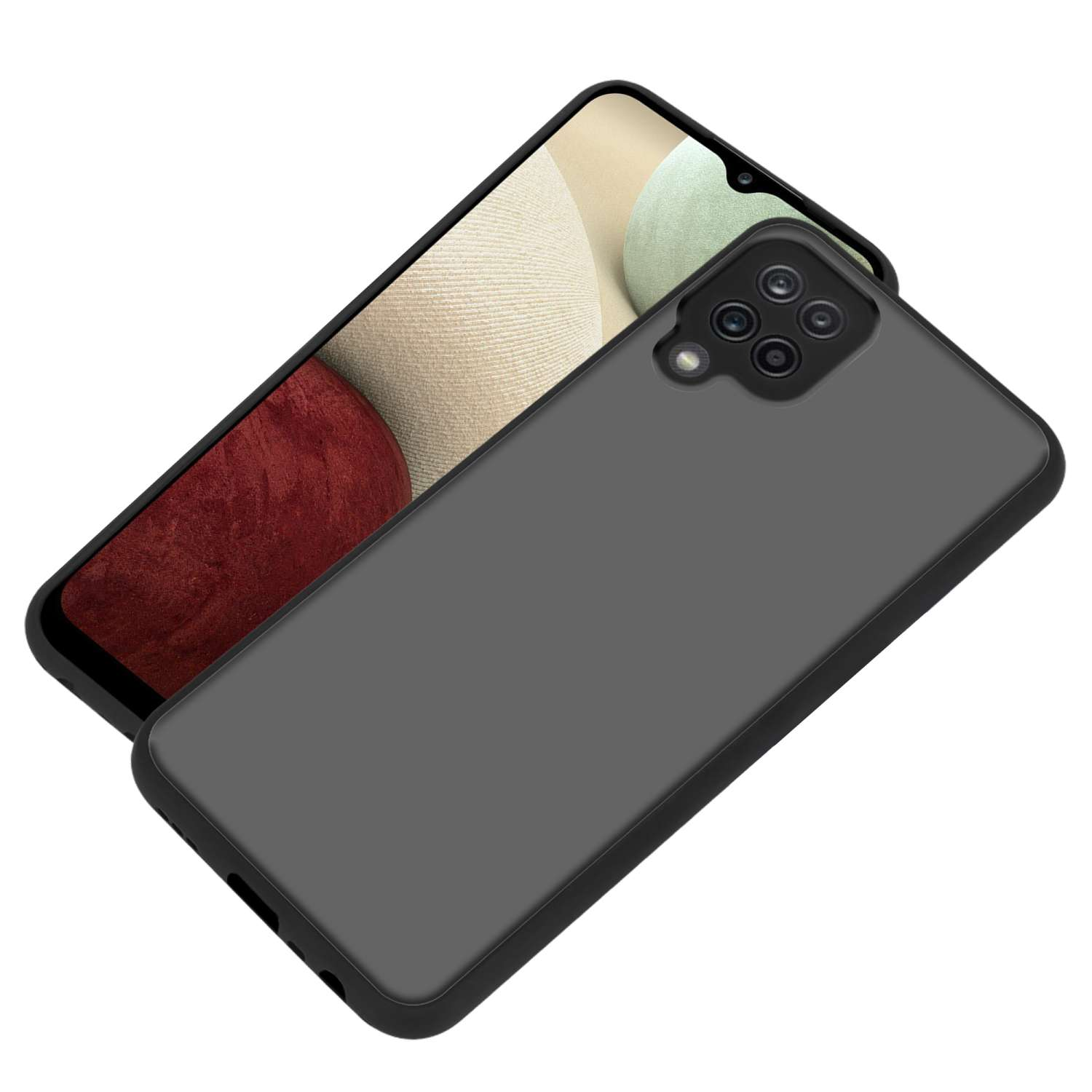Custodia per telefono di colore grigio scuro. Un telefono è posizionato sopra la custodia.
