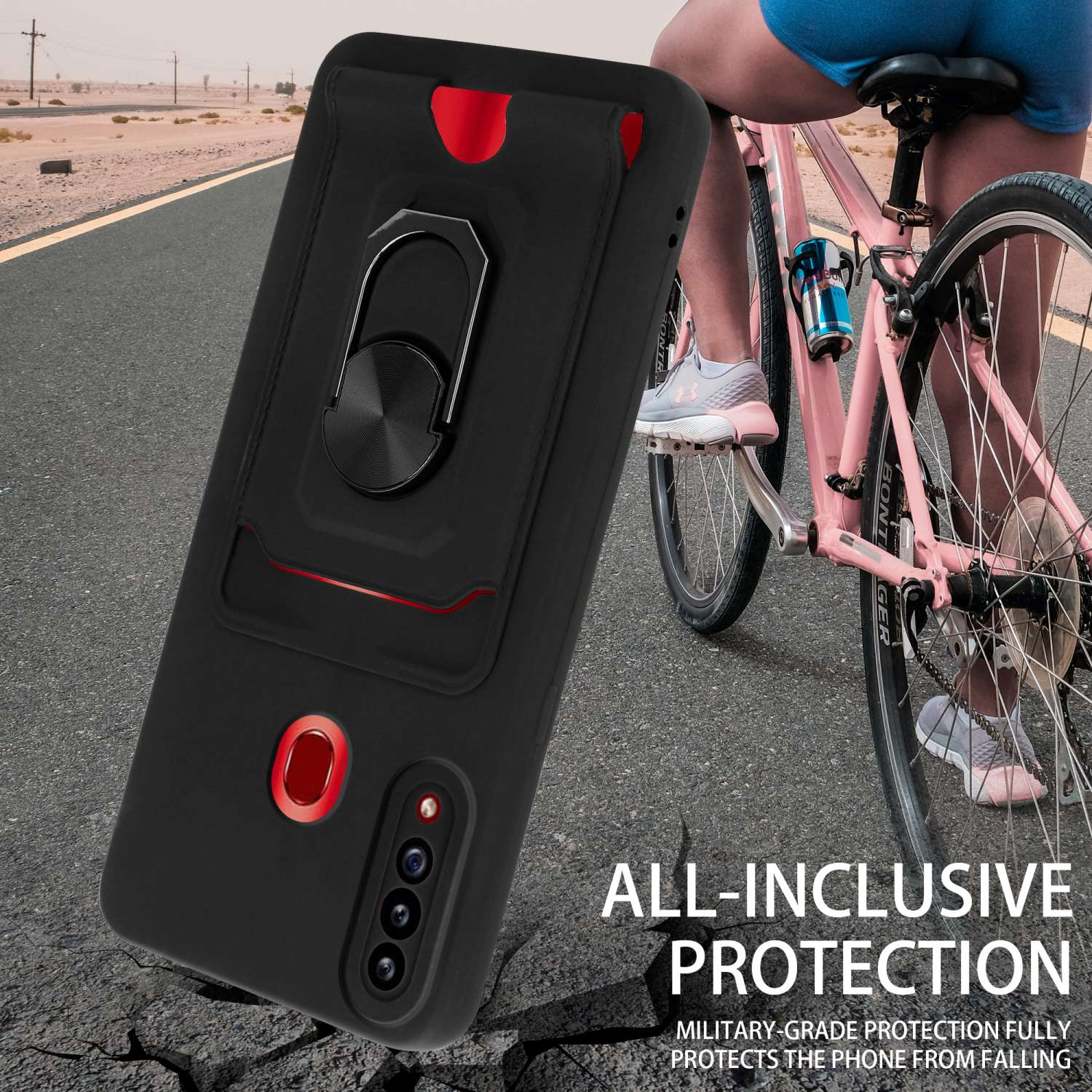Schwarze Handyhülle mit Ringhalter und eine Person auf dem Fahrrad.
