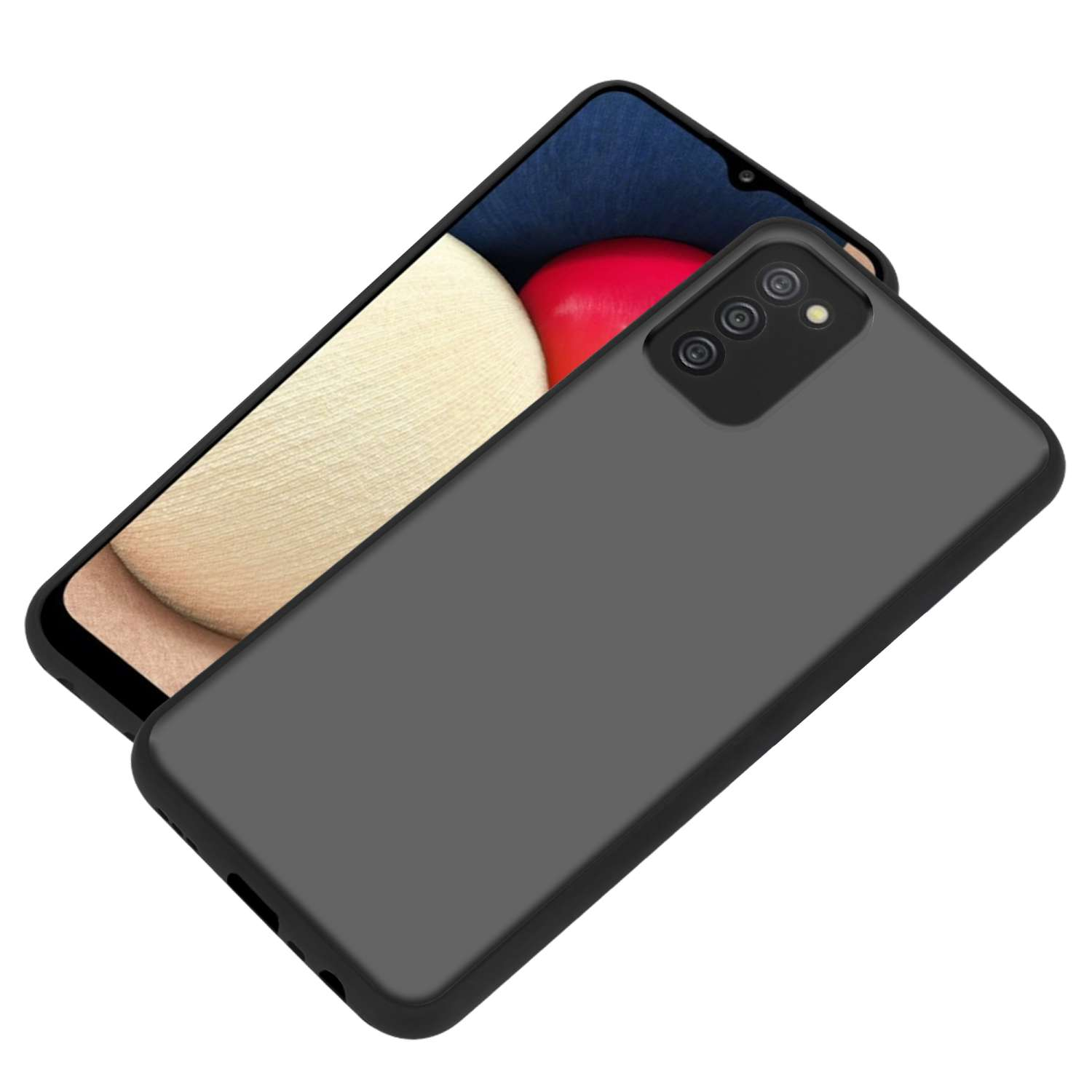 Custodia per telefono nera con un telefono all'interno. Il telefono ha tre fotocamere.