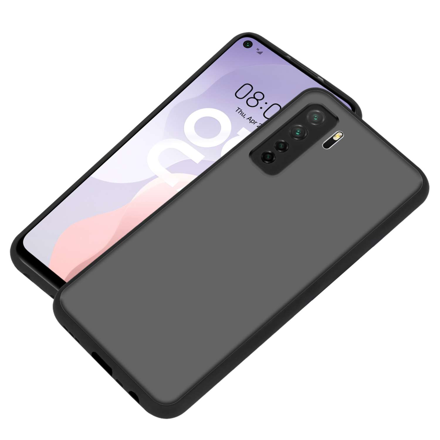 Ein graues Telefon mit einer Hülle oben und ein Telefon darunter. Beide sind zur Kamera geneigt.