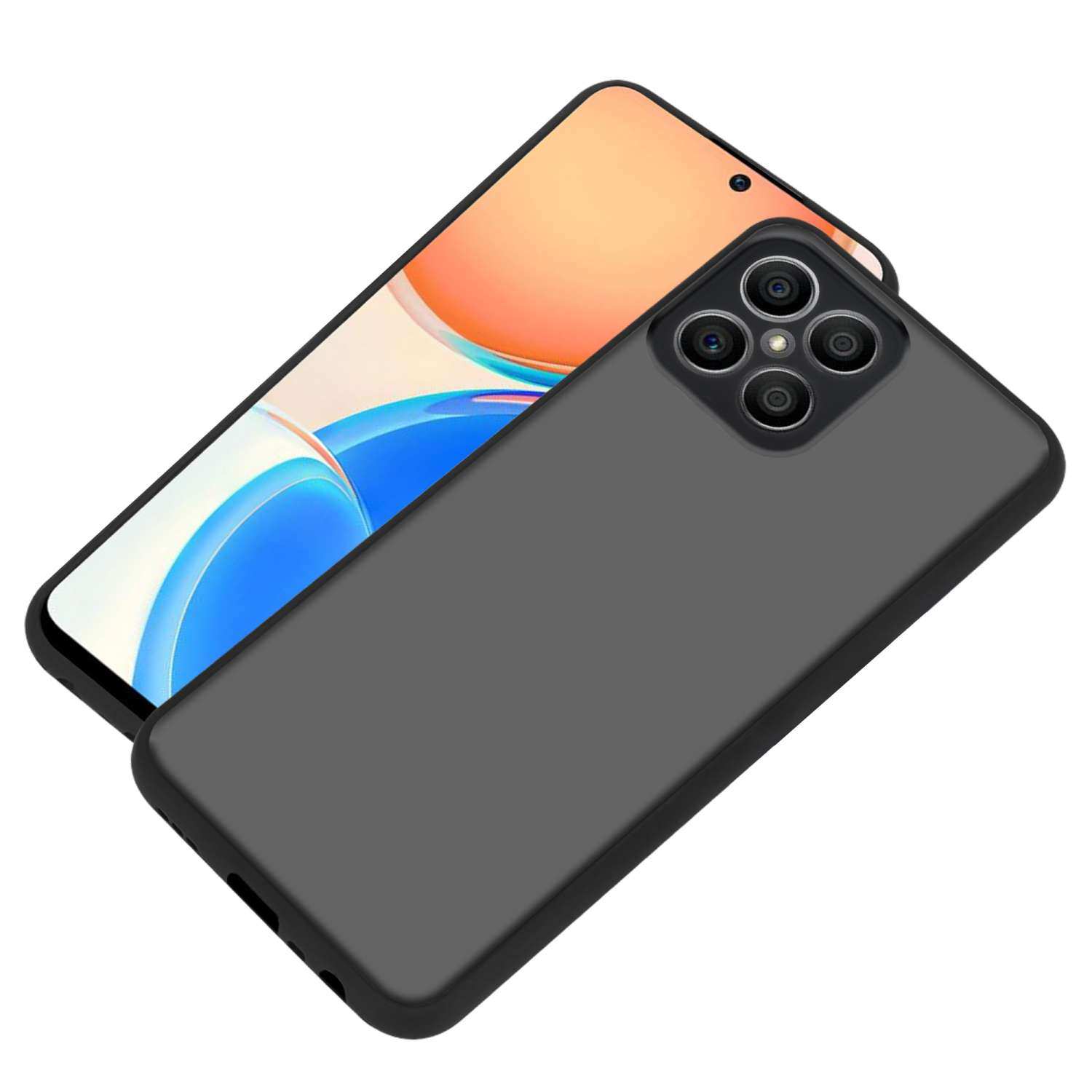 Schwarze Handyhülle mit Telefon darin. Telefon und Hülle liegen auf weißer Oberfläche.