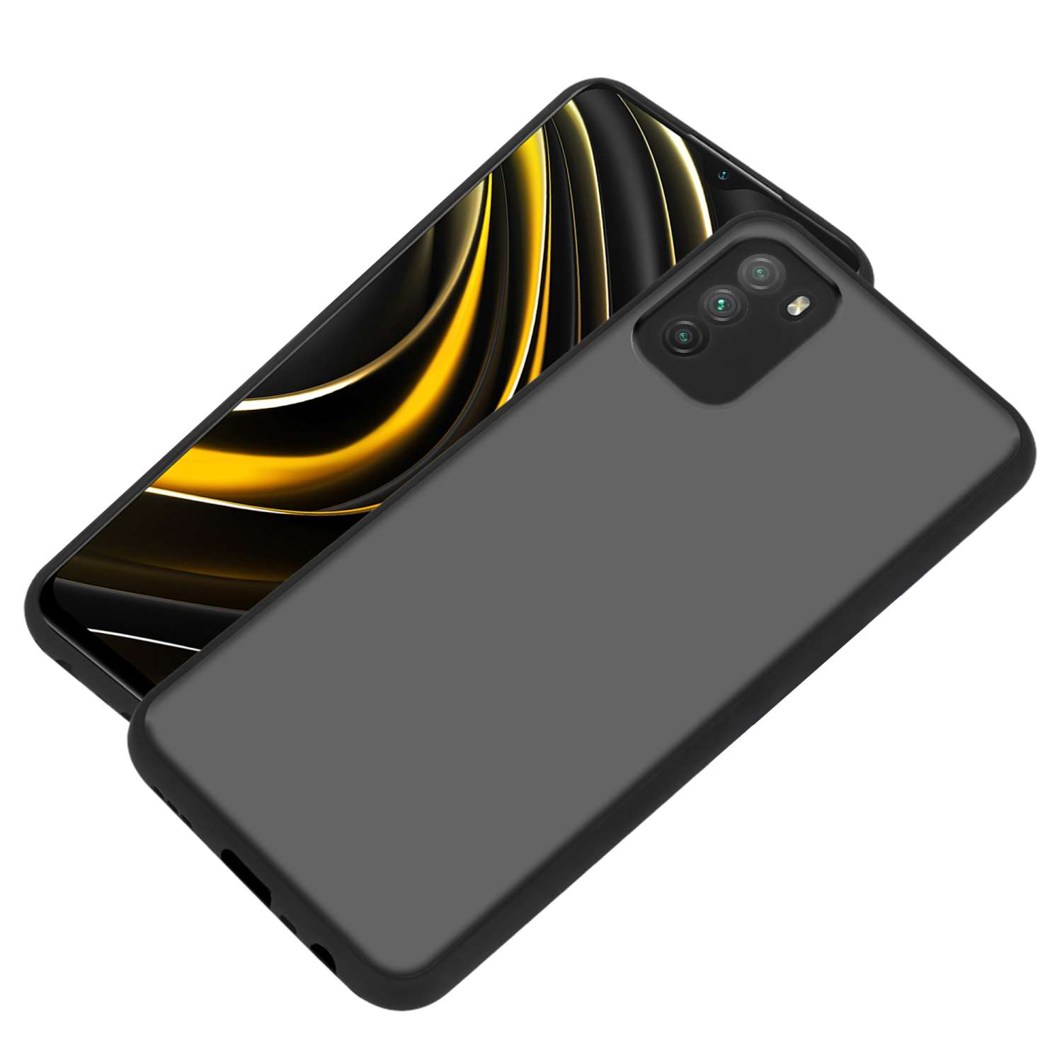 Una custodia nera per telefono sopra un telefono con schermo e il telefono ha più fotocamere.