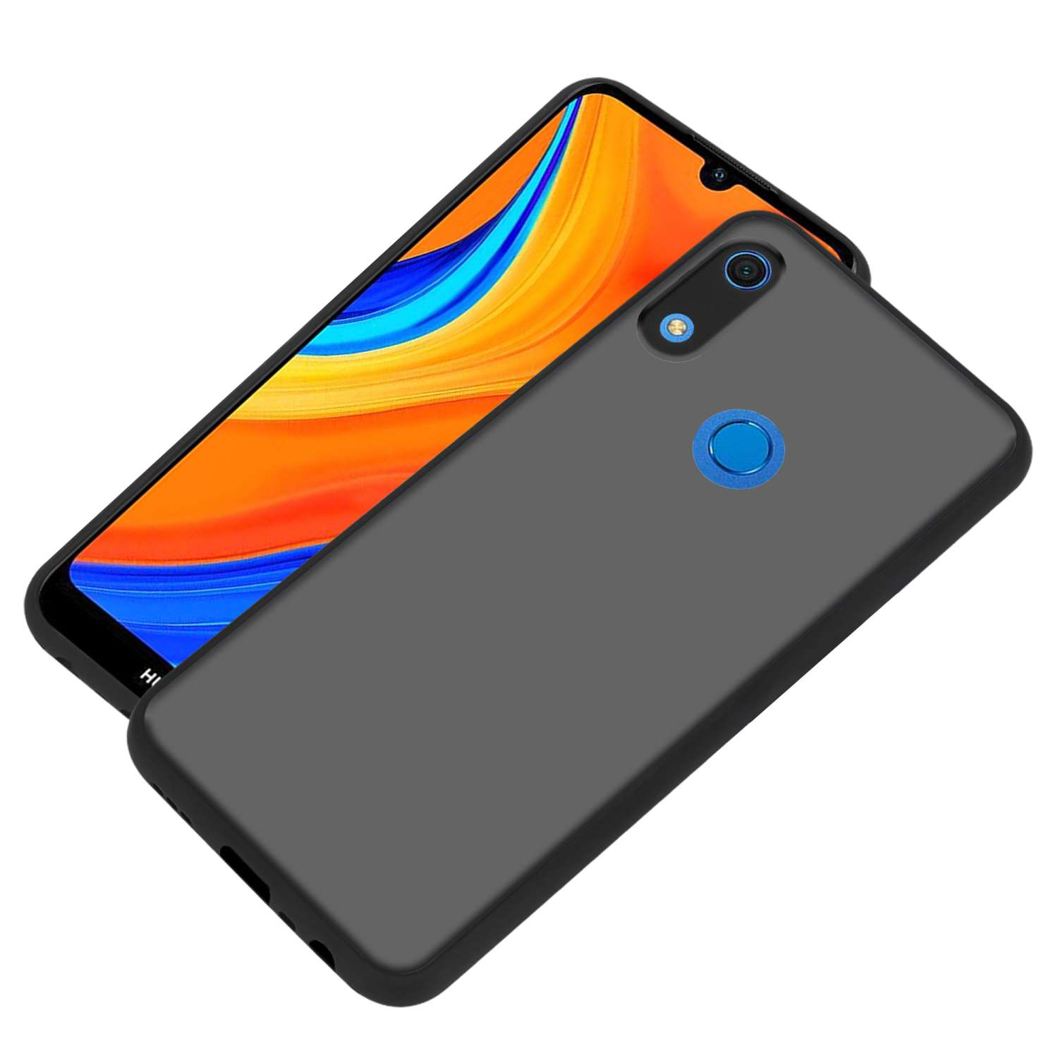 Un telefono e una custodia per telefono. La custodia è nera. Il telefono è parzialmente visibile con una fotocamera blu.