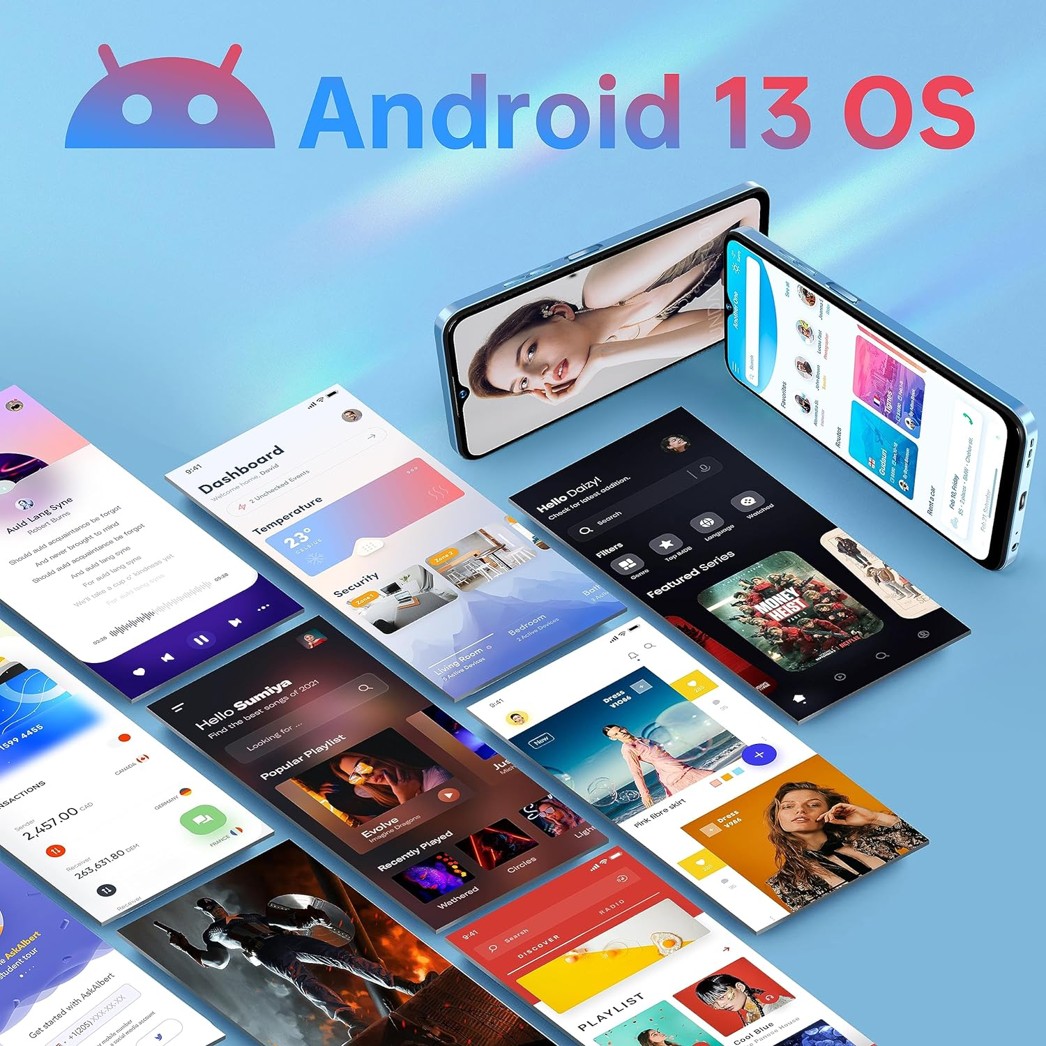 Più telefoni con diversi schermi di app e un logo Android. Lo sfondo è una sfumatura blu.