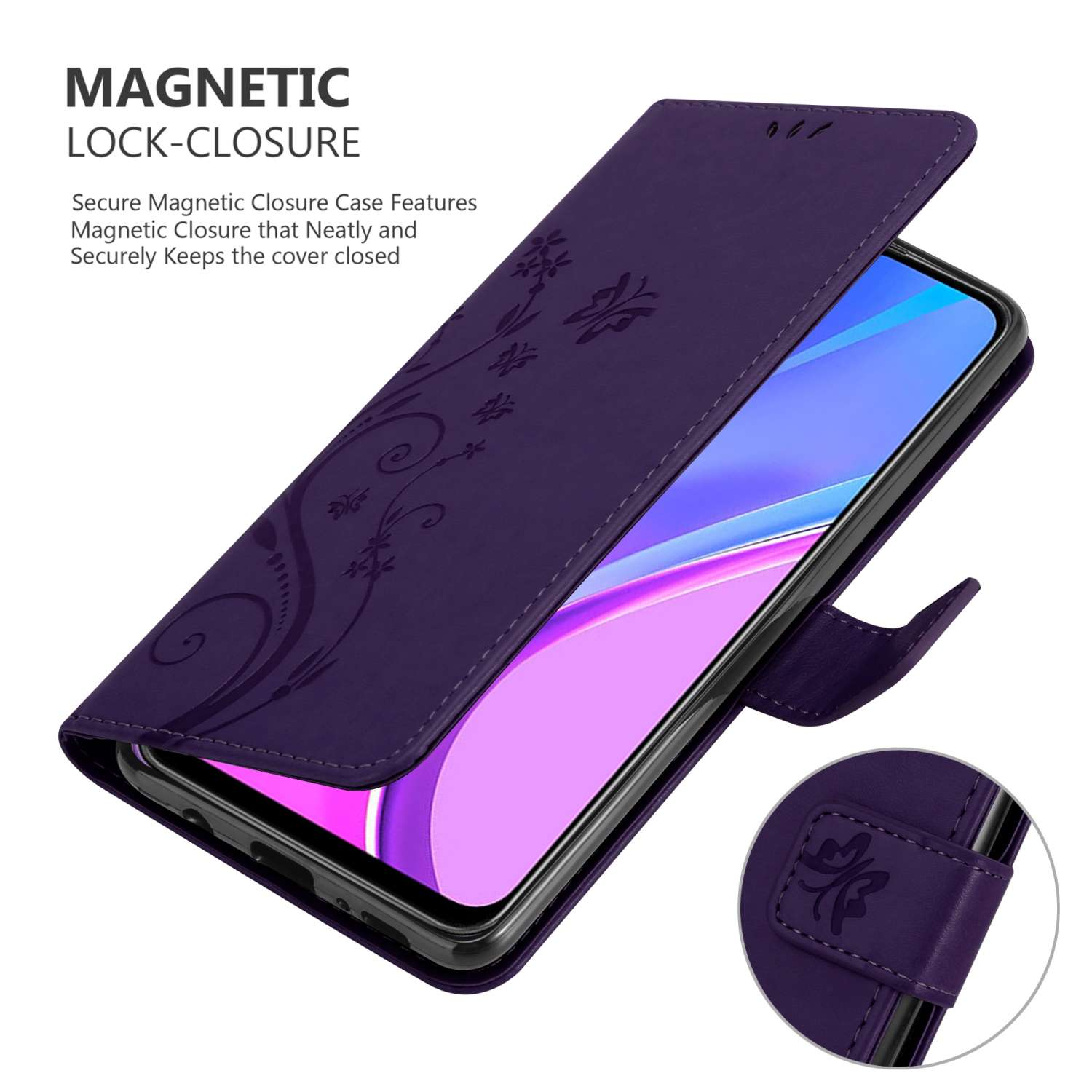 Custodia per telefono viola in posizione aperta. Il telefono è dentro. Il design presenta immagini floreali e farfalle.