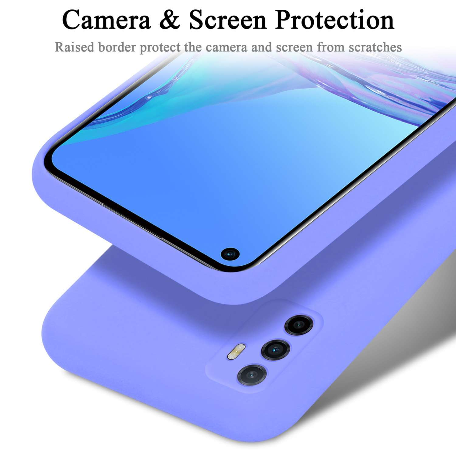 Custodia viola per telefono con telefono all'interno. Testo: 'Protezione Fotocamera e Schermo'.