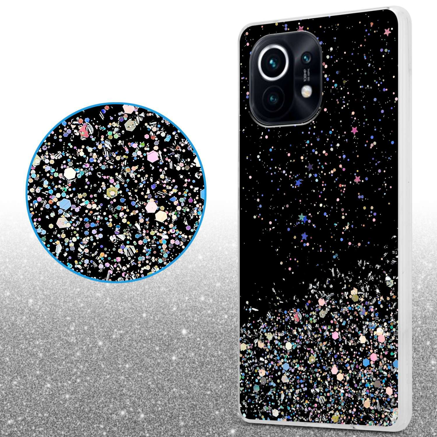 Custodia per telefono con glitter e un cerchio ingrandito di glitter, con sfondo nero.