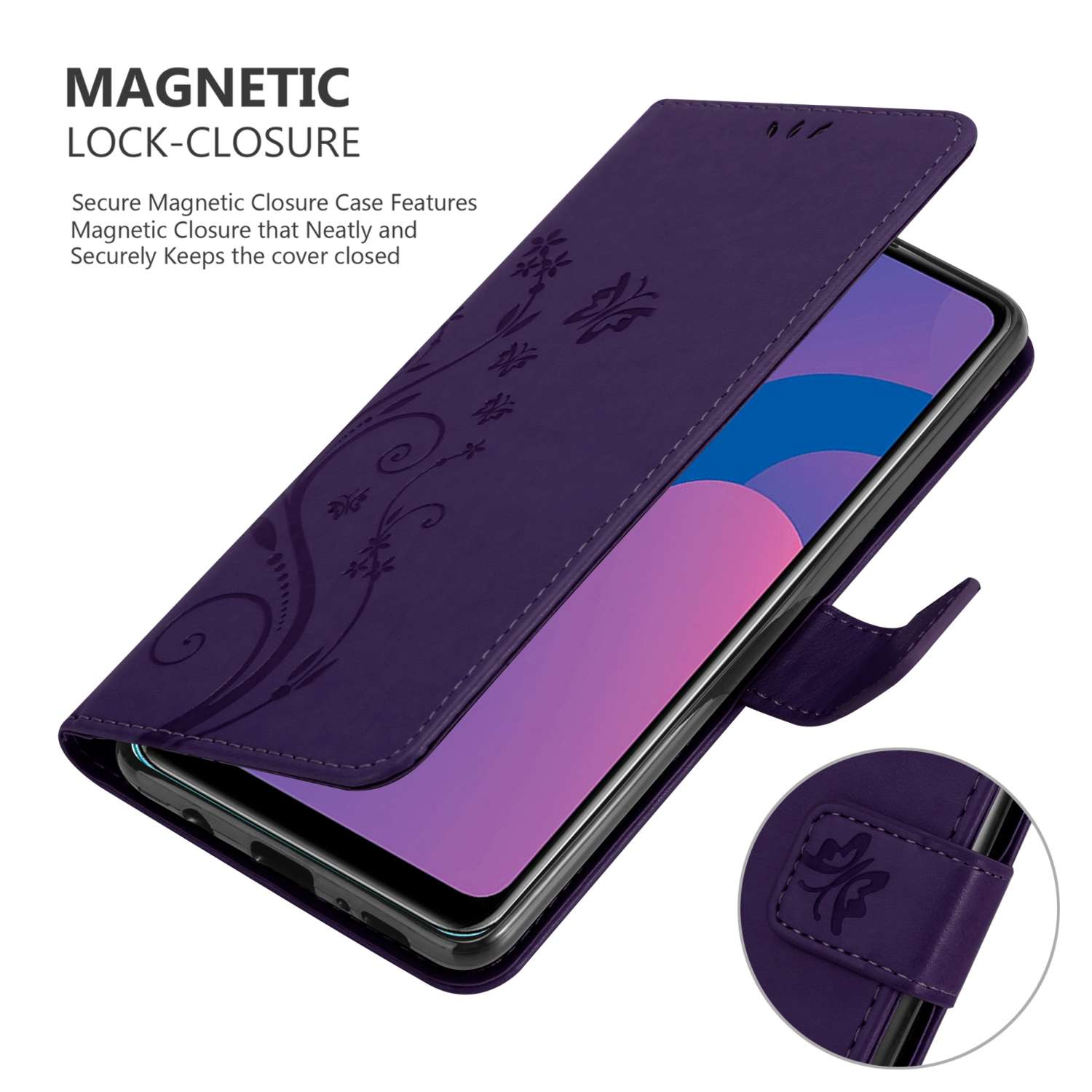 Una custodia per telefono viola con un design floreale è aperta, rivelando un telefono. La custodia ha una chiusura magnetica.