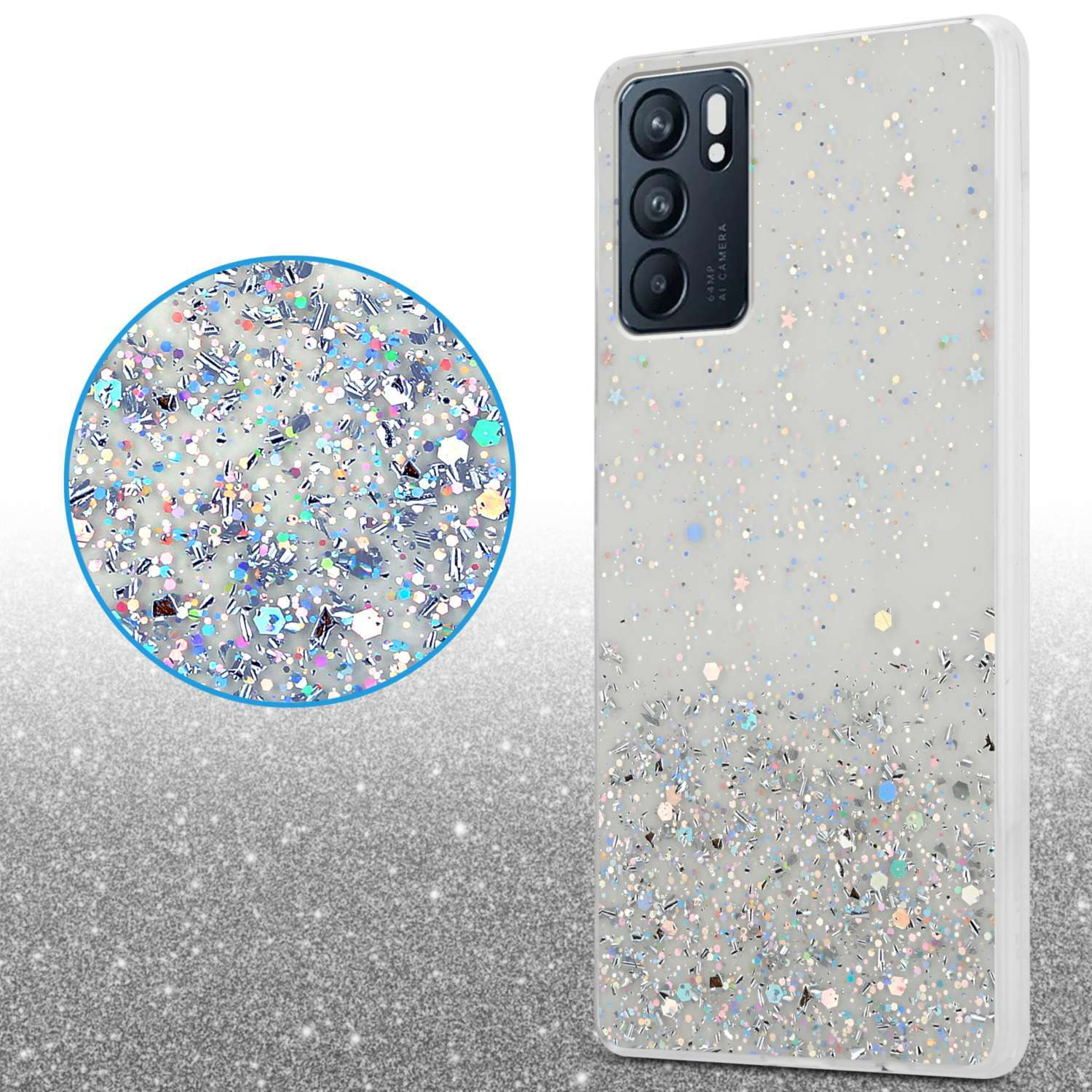 Handyhülle mit Glitzer und Kamera. Ein kreisförmiger Nahaufnahme des Glitzers. Die Hülle ist rechts.