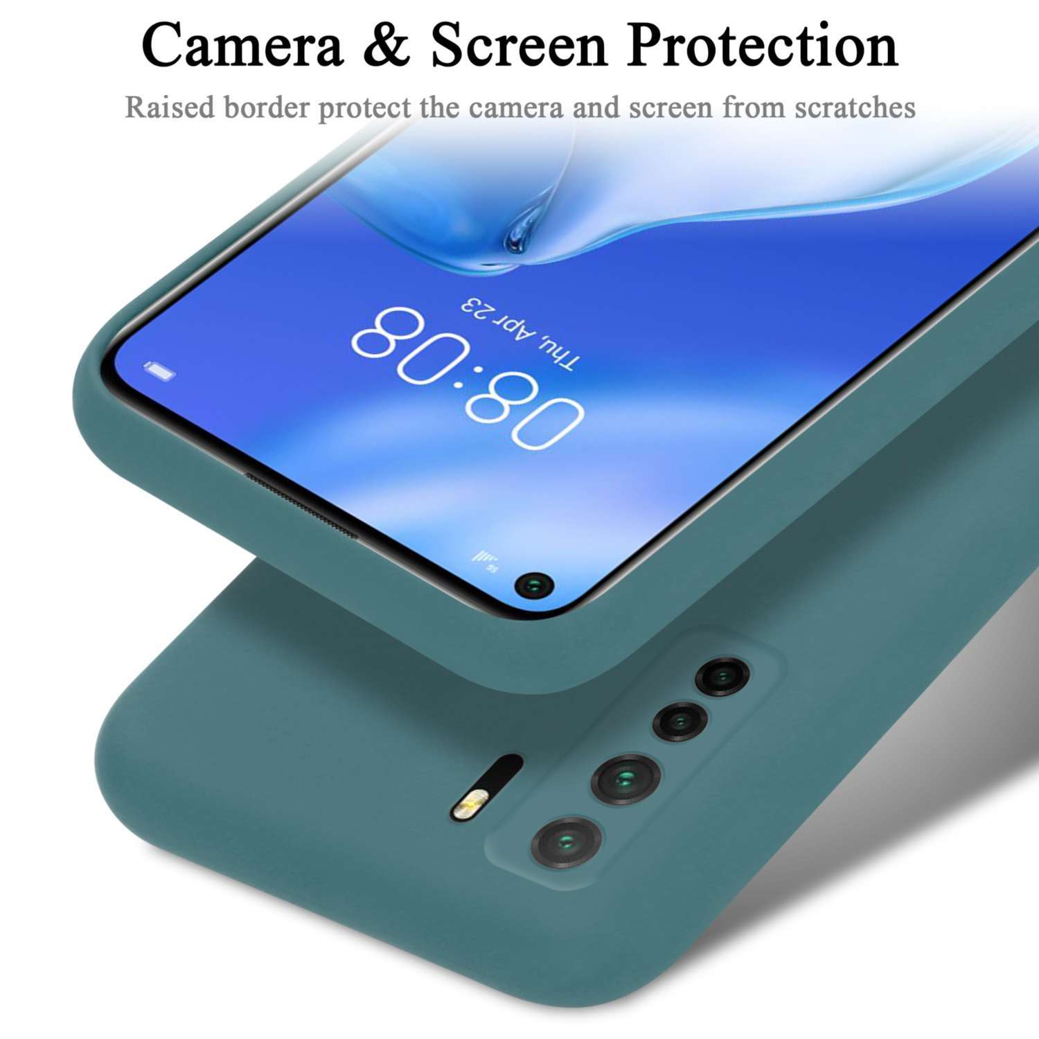 Custodia per telefono, color verde acqua, con uno smartphone che mostra l'ora e la data. Testo: Protezione fotocamera e schermo.