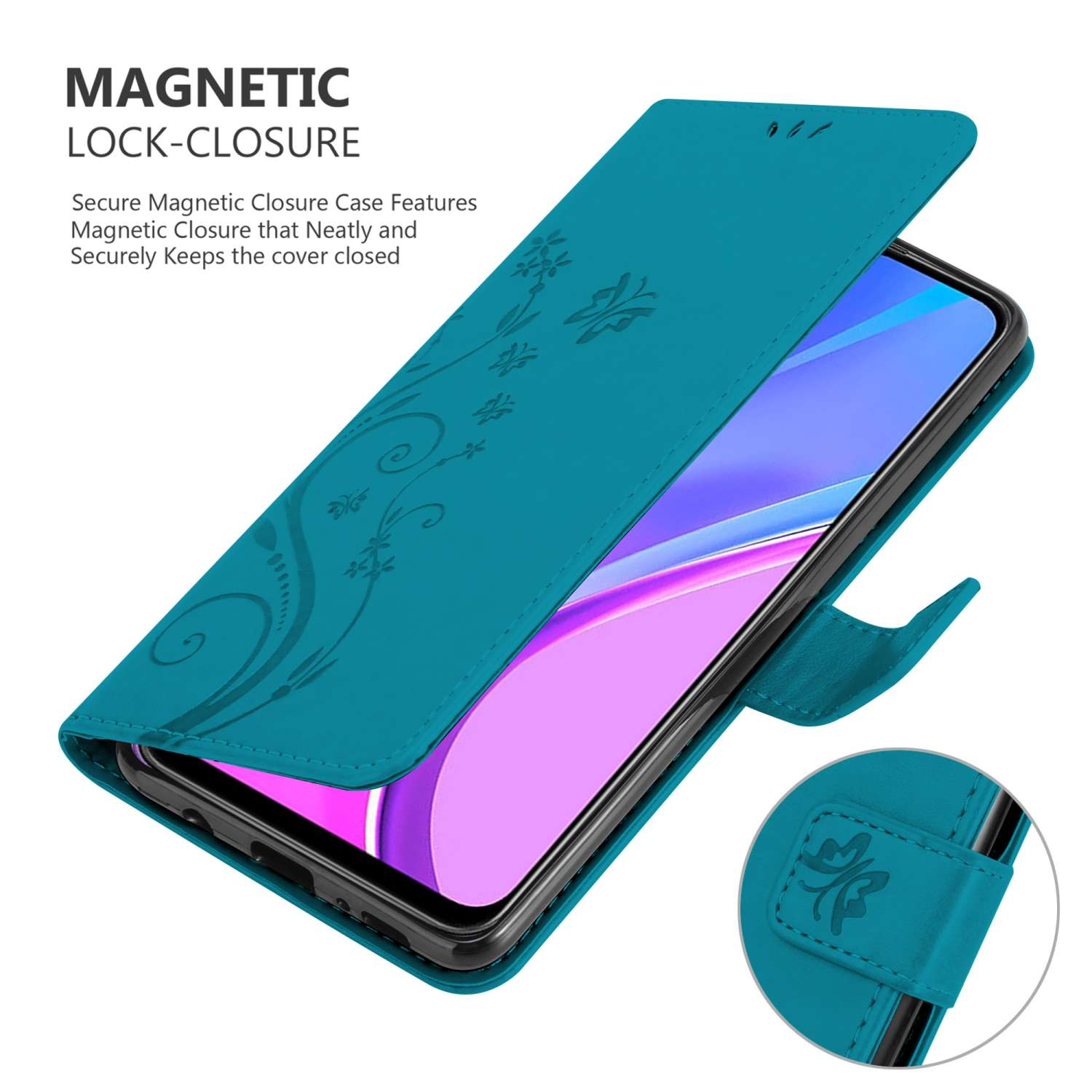 Custodia per telefono verde acqua aperta, che mostra un telefono. Design floreale sulla cover, chiusura magnetica.
