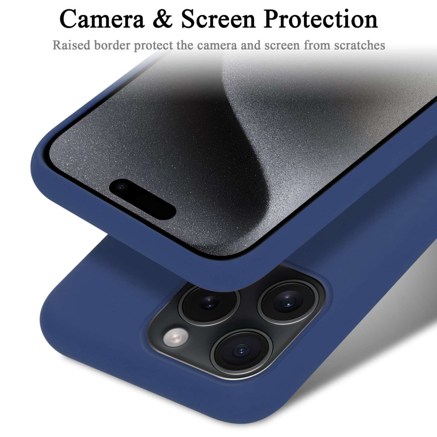 Telefon in einer blauen Hülle. Text: Kamera- und Bildschirmschutz. Erhöhter Rand schützt vor Kratzern.