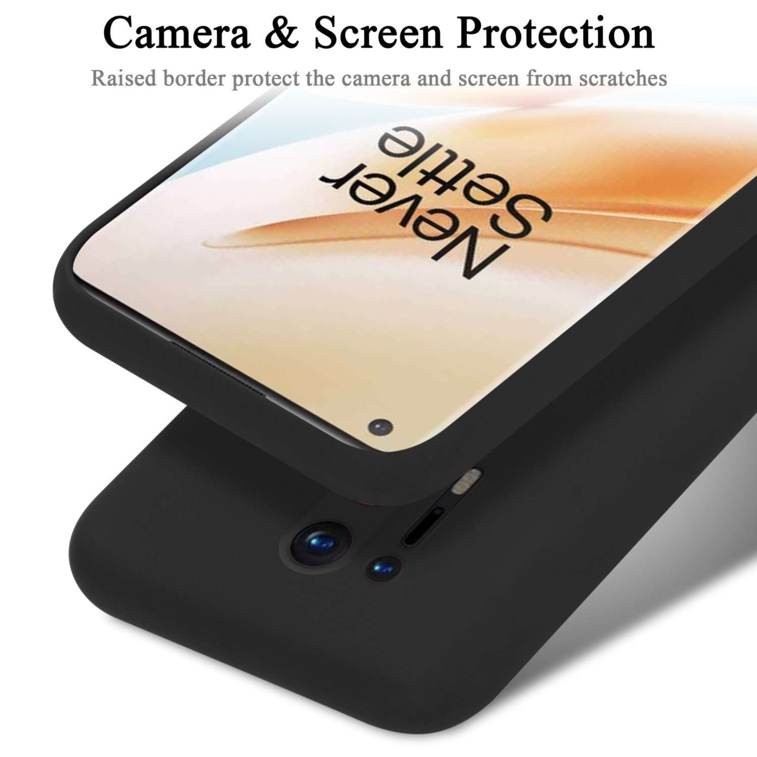 Custodia nera per telefono con telefono sopra. Testo: Protezione fotocamera e schermo. Bordo rialzato.