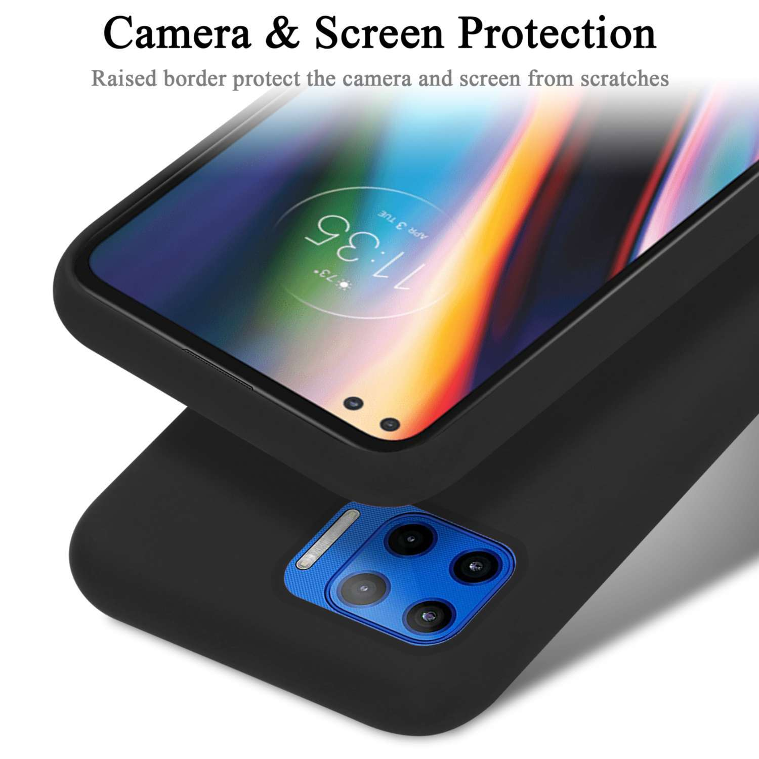 Un telefono con una custodia protettiva. La custodia ha un bordo rialzato per proteggere la fotocamera e lo schermo.