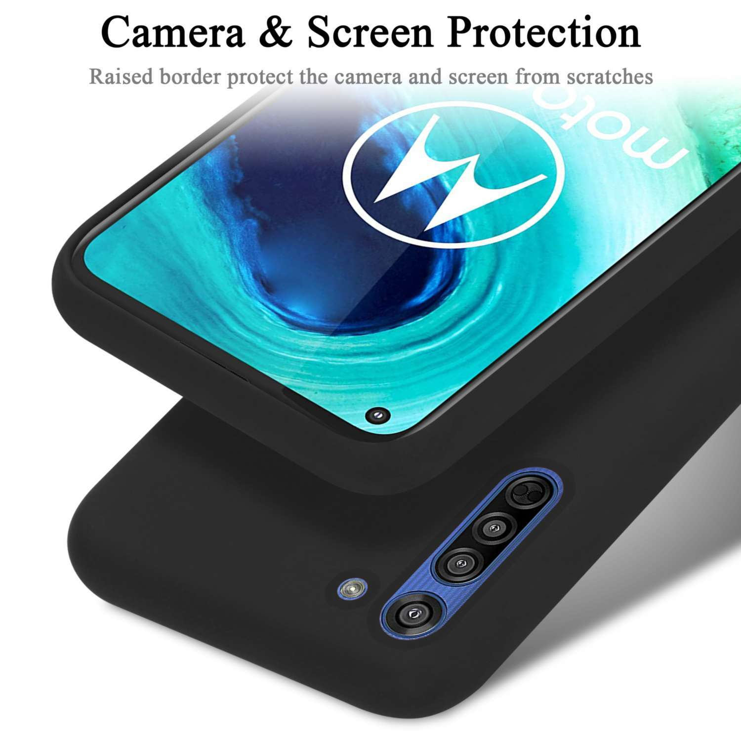 Eine schwarze Handyhülle auf einem Telefon. Die Hülle hat einen erhöhten Rand. Das Logo des Telefons ist sichtbar.