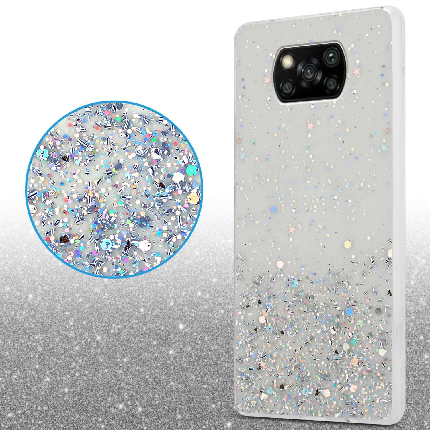 Custodia per telefono con glitter. Un cerchio ingrandito mostra glitter. La custodia è su uno sfondo glitterato.
