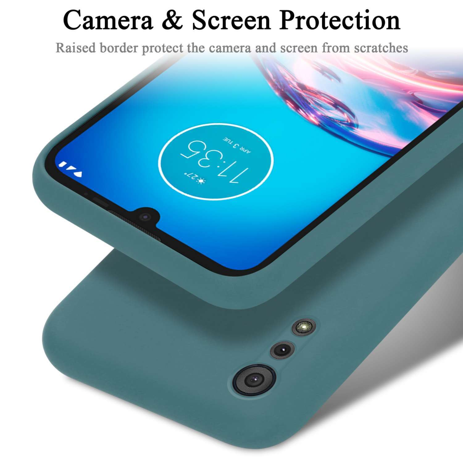 Custodia del telefono sopra un'altra. La custodia è blu, che mostra la fotocamera e la protezione dello schermo.