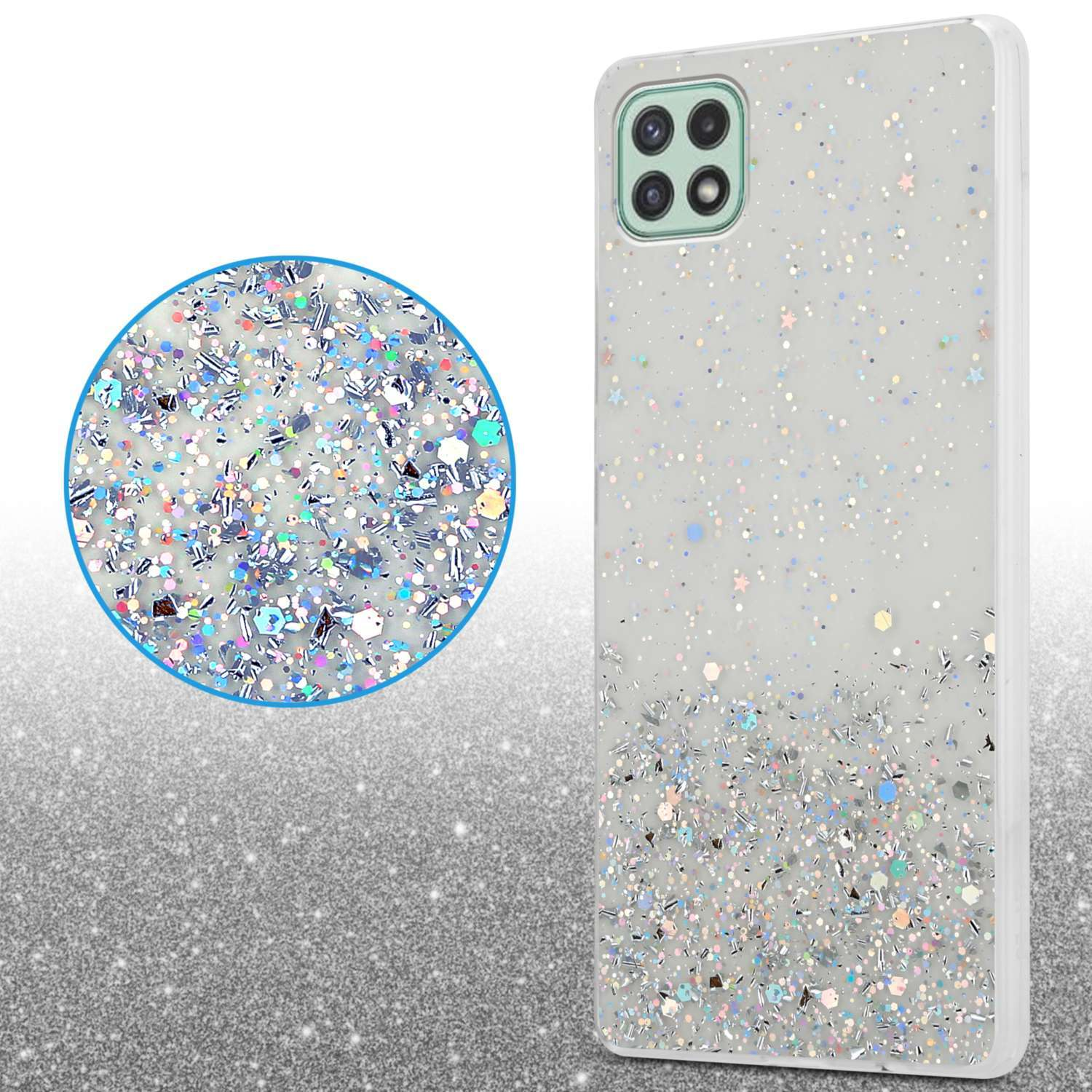 Custodia per telefono con un design glitterato lucido e un dettaglio circolare.