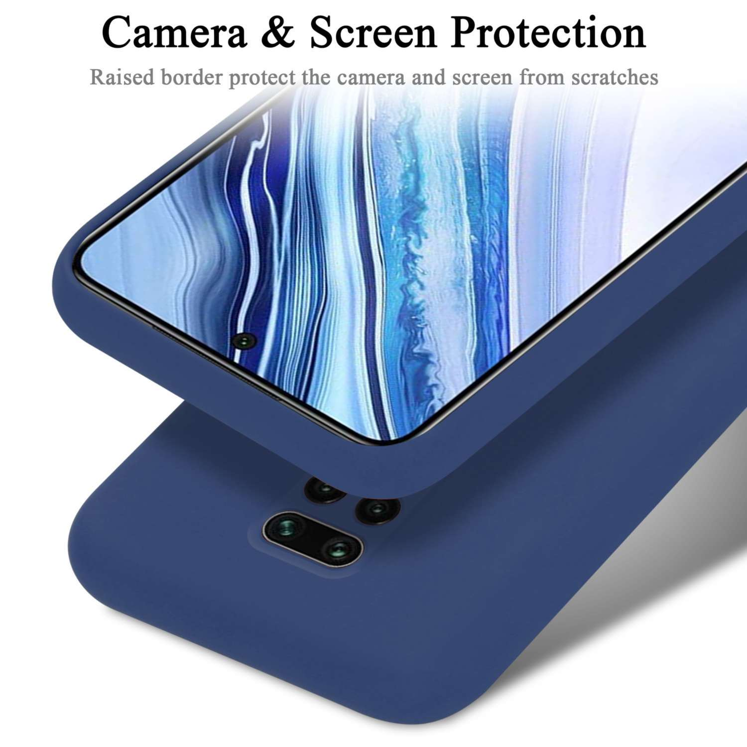 Una custodia per telefono blu navy con un bordo rialzato che protegge la fotocamera e lo schermo.