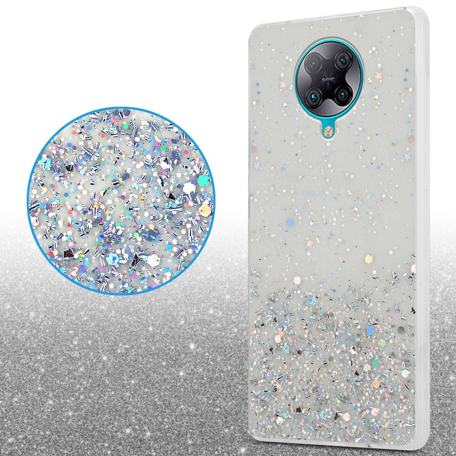Custodia glitter con particelle scintillanti su sfondo bianco, cerchio con primo piano.