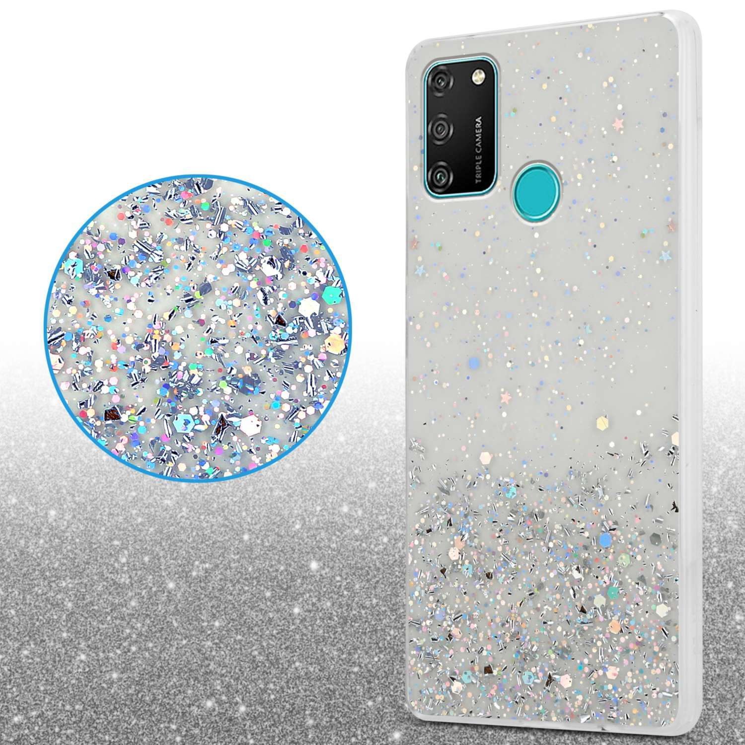 Handyhülle mit silbernem Glitzer auf weißem Hintergrund. Ein blauer Kreis befindet sich in der Mitte.