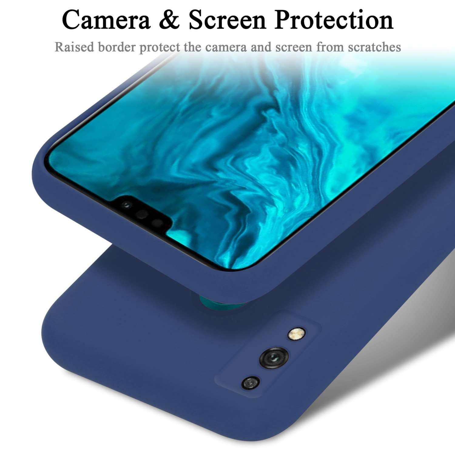 Zwei sich überlappende blaue Handyhüllen, eine mit Telefon, Text über Kamera- und Bildschirmschutz.
