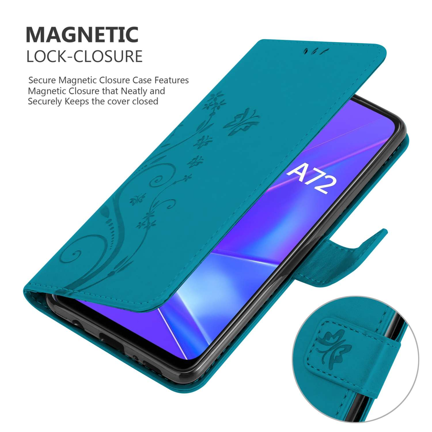 Custodia per telefono turchese con telefono all'interno, aperta. Il testo evidenzia la chiusura magnetica.
