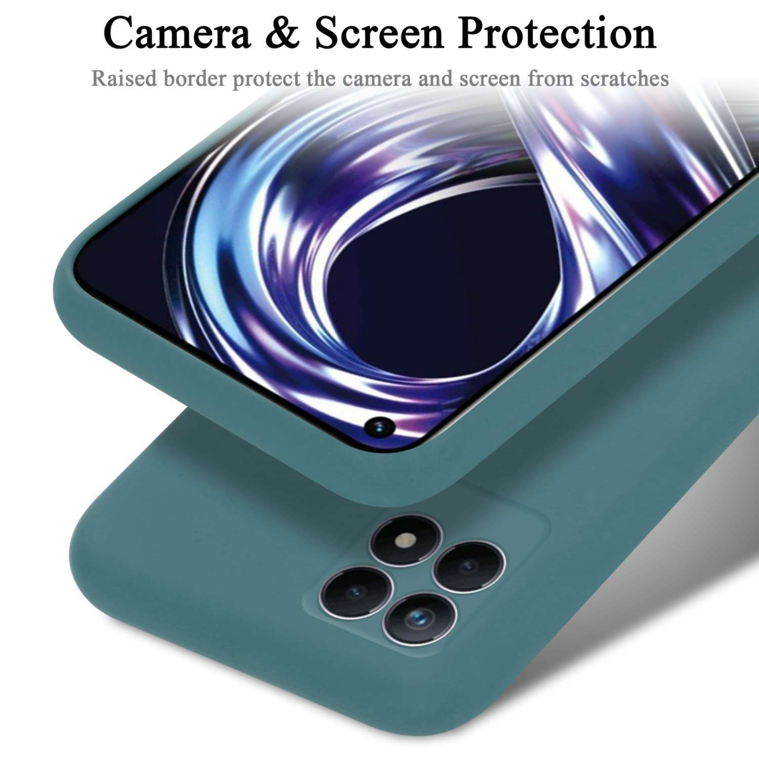 Custodia per telefono con testo 'Protezione fotocamera e schermo'. Due custodie, verde sopra. Sfondo bianco.