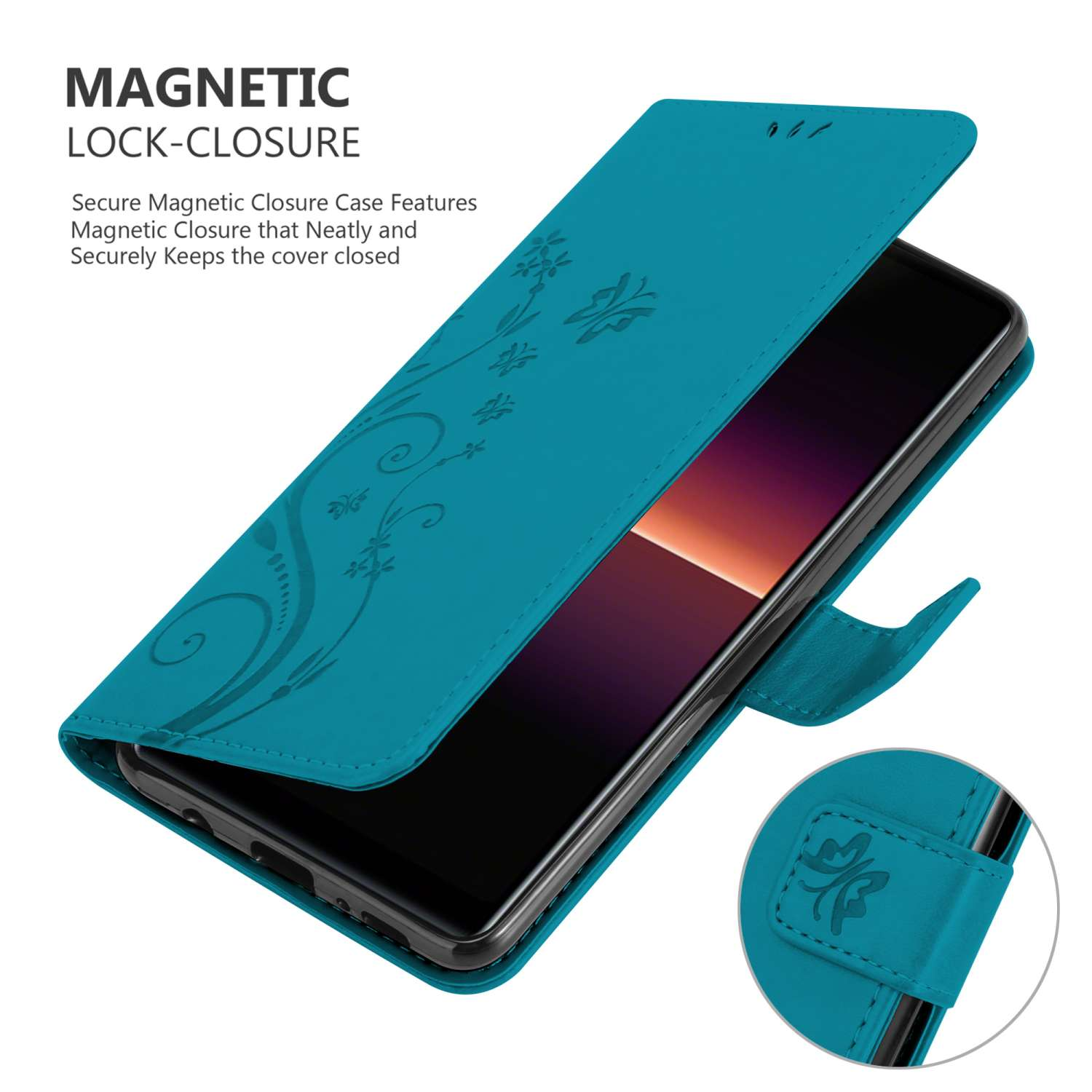 Custodia per telefono turchese con design floreale. La chiusura magnetica è aperta, rivelando il telefono.