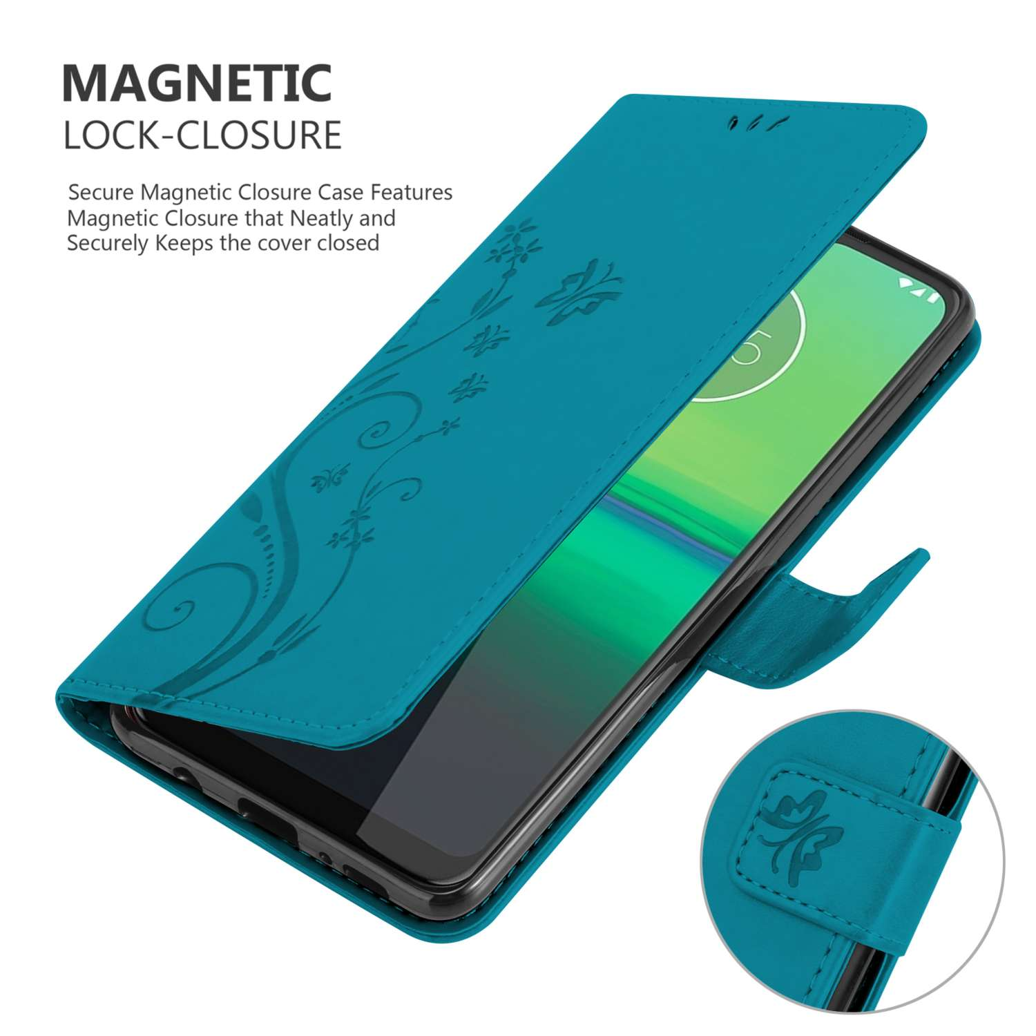 Custodia per telefono blu scuro con un design floreale, aperta che mostra il telefono.