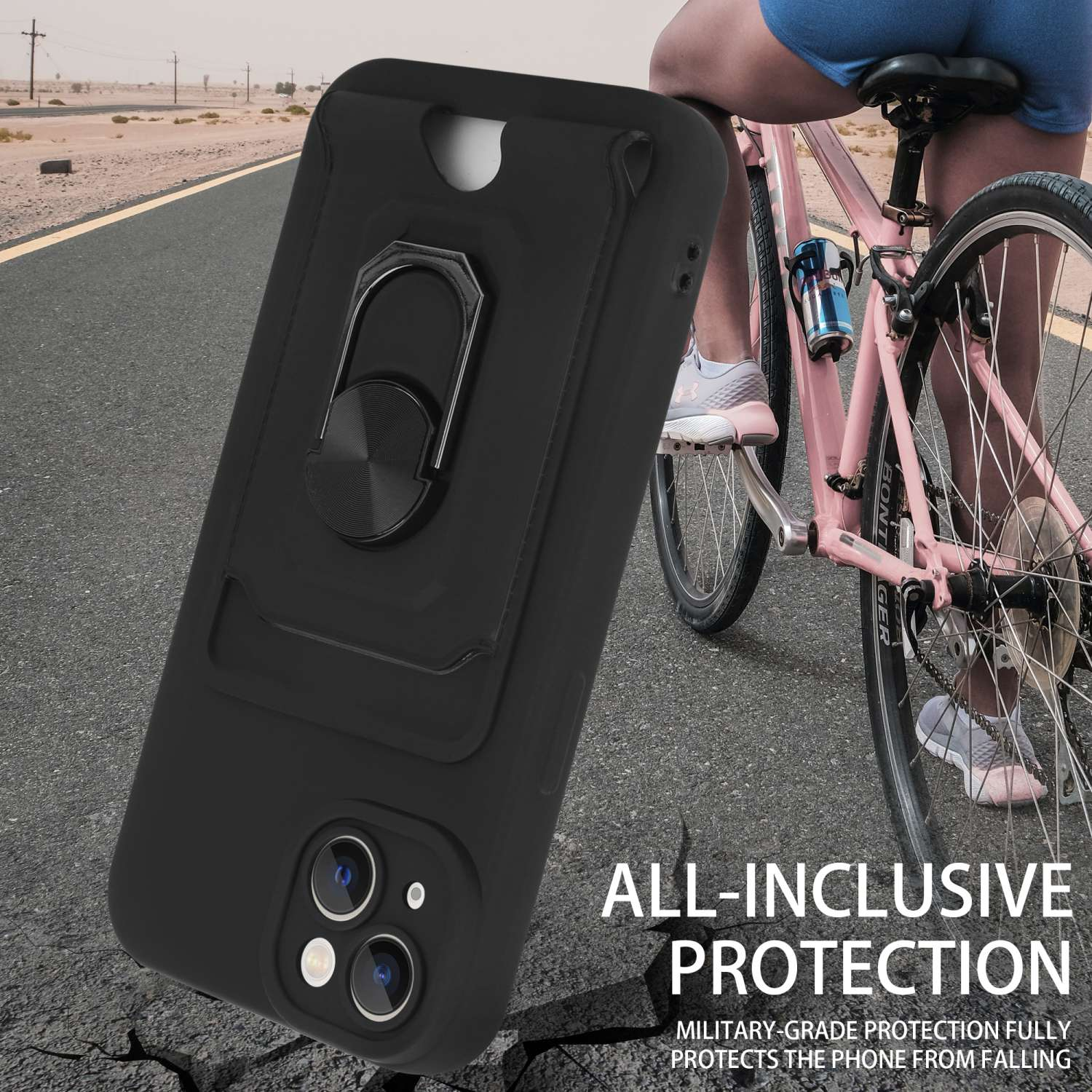 Custodia nera per telefono con supporto ad anello su sfondo nero. Una bici e una persona sono sfocate sullo sfondo.